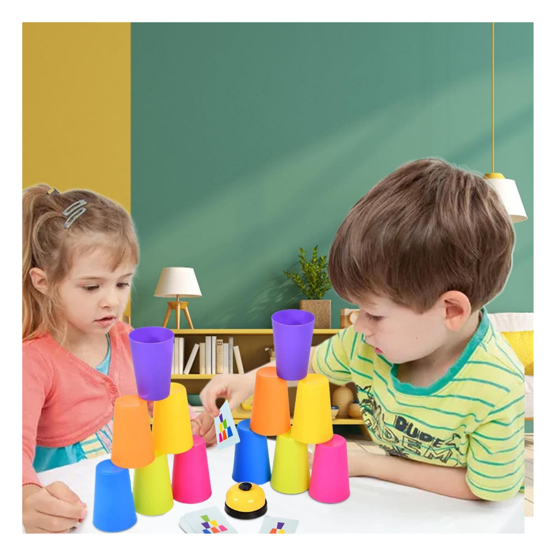 Juego de Mesa Vasos Apilables Patrones Colores con Campana-4