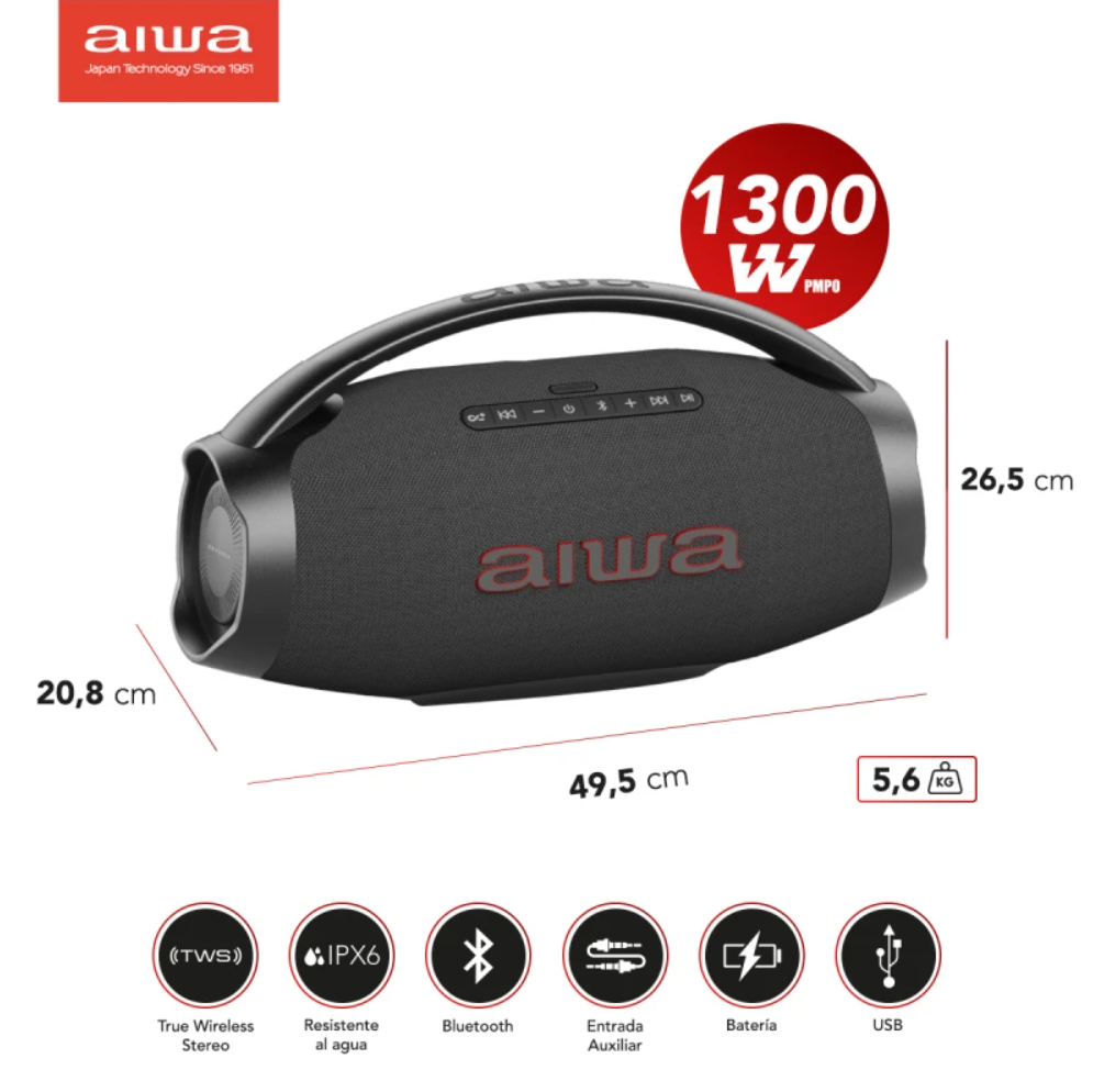 Parlante Portatil Bluetooth Aiwa Ipx6 Con Tws 130w Aw-h51bt Negro-2