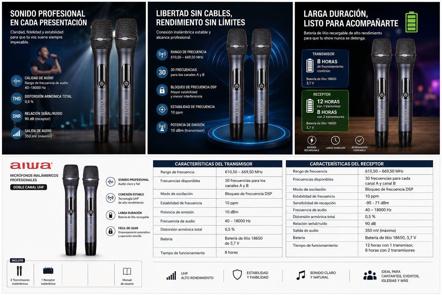 Microfonos Pack X2 Inalambricos Aiwa Metalicos Aw mk108-4