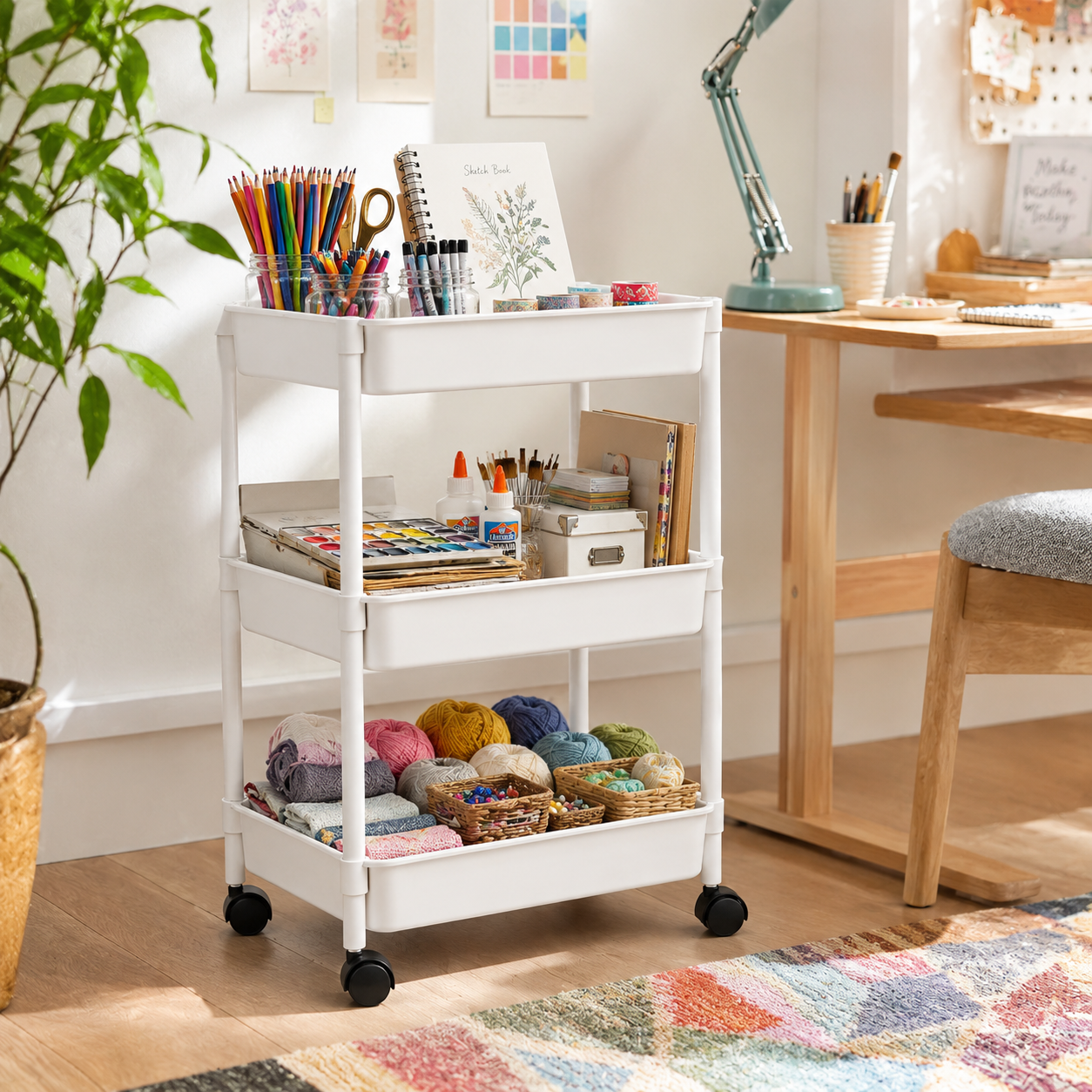 Organizador Con Rueda Utiles Escolares 3 Niveles Blanco Plastico 800-0