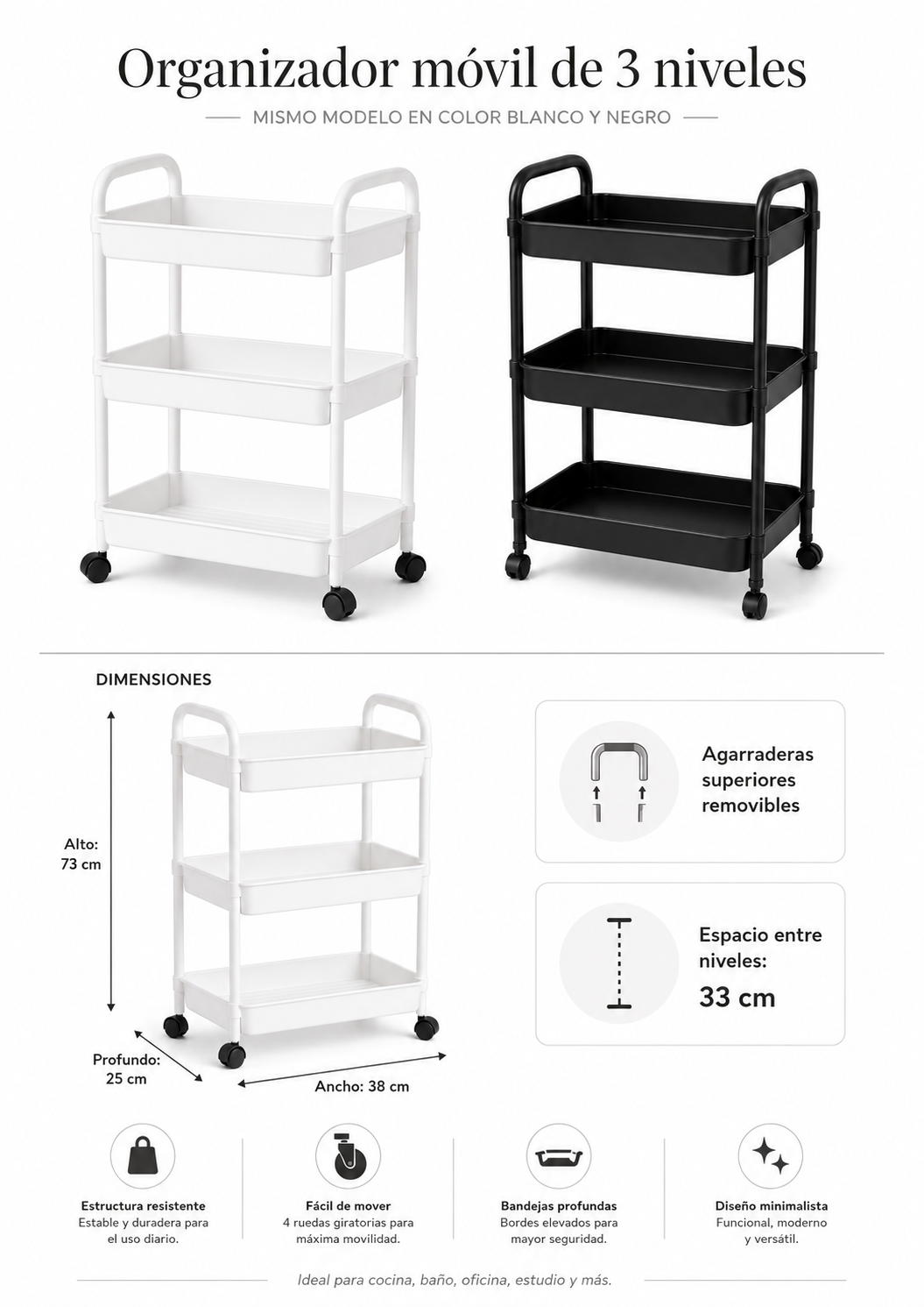 Organizador Con Rueda Utiles Escolares 3 Niveles Blanco Plastico 800-7