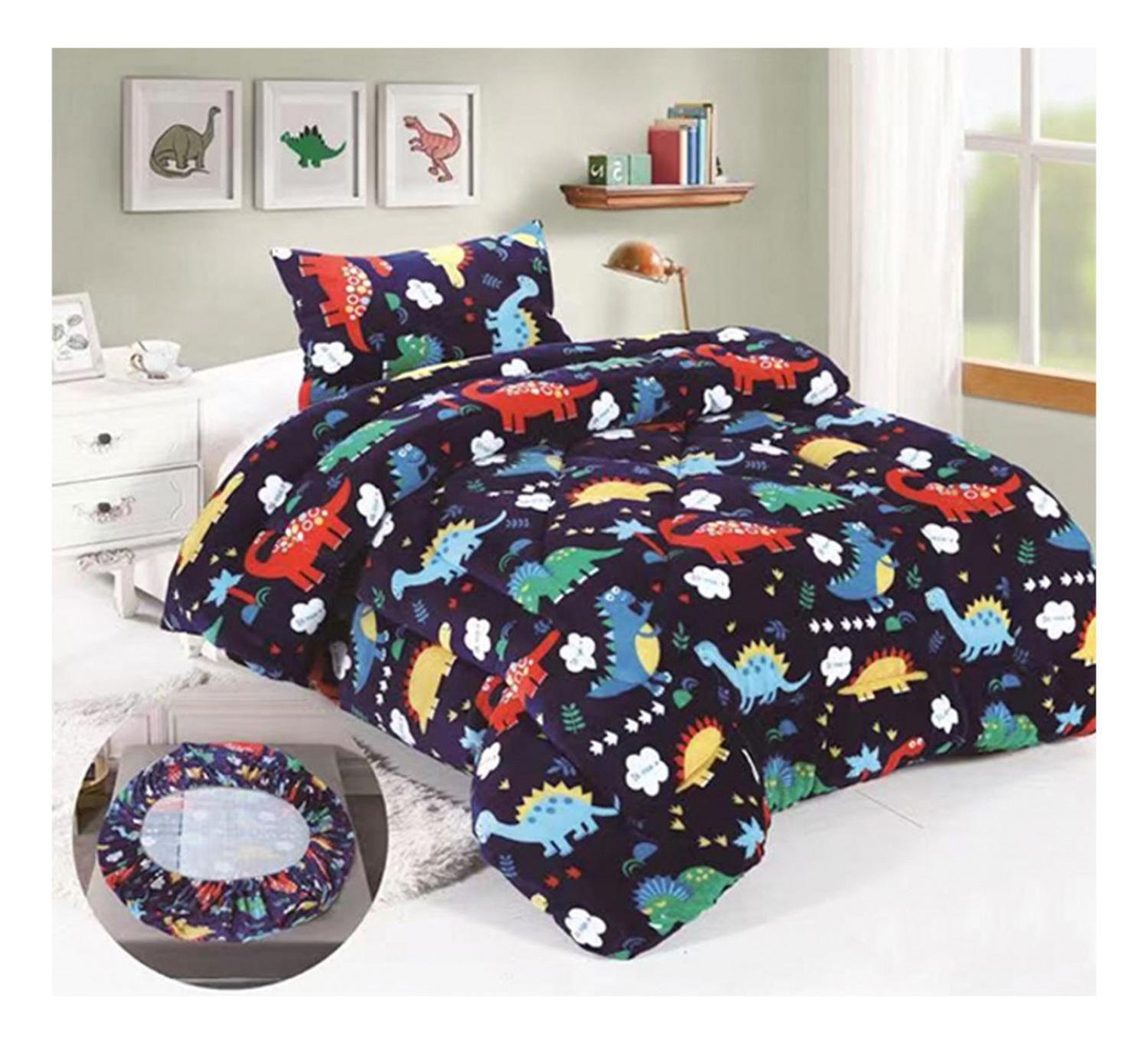 Cobertor Chiporro y Sabana Bajera Polar Infantil 1.5 Plazas Azul Dinosaurio-1