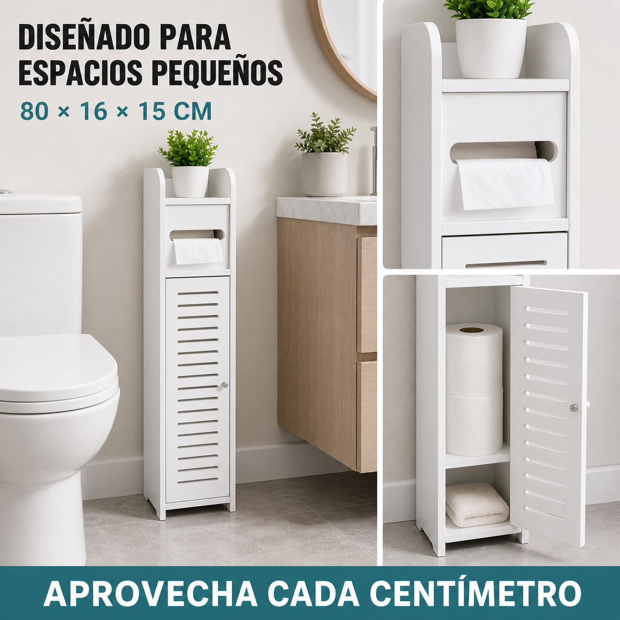 Mueble Organizador Blanco de MDF para Baño con Portapapel 80x16x15 cm 339-5