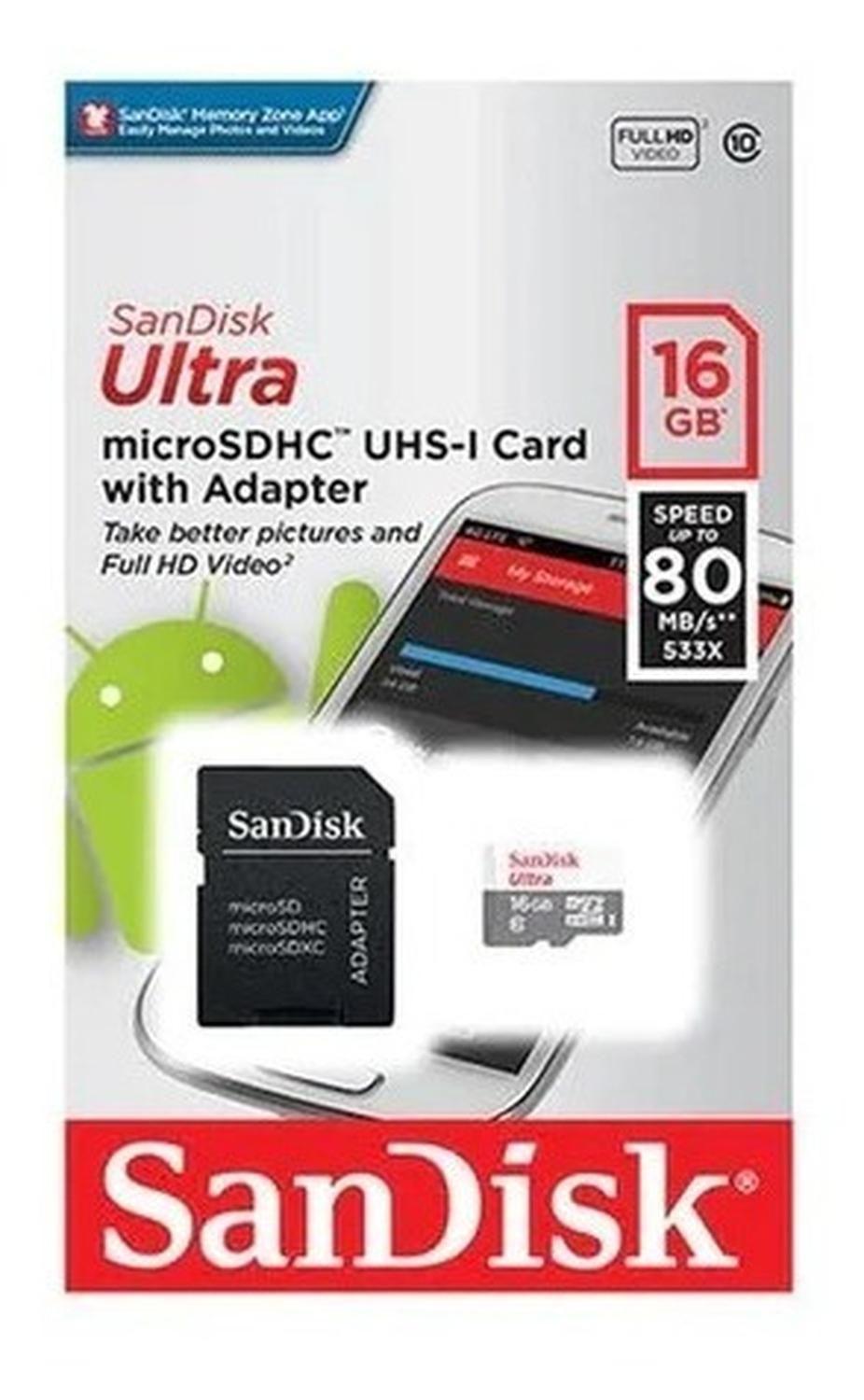 Tarjeta De Memoria Sandisk 16gb Ultra Con Adaptador Sd-1