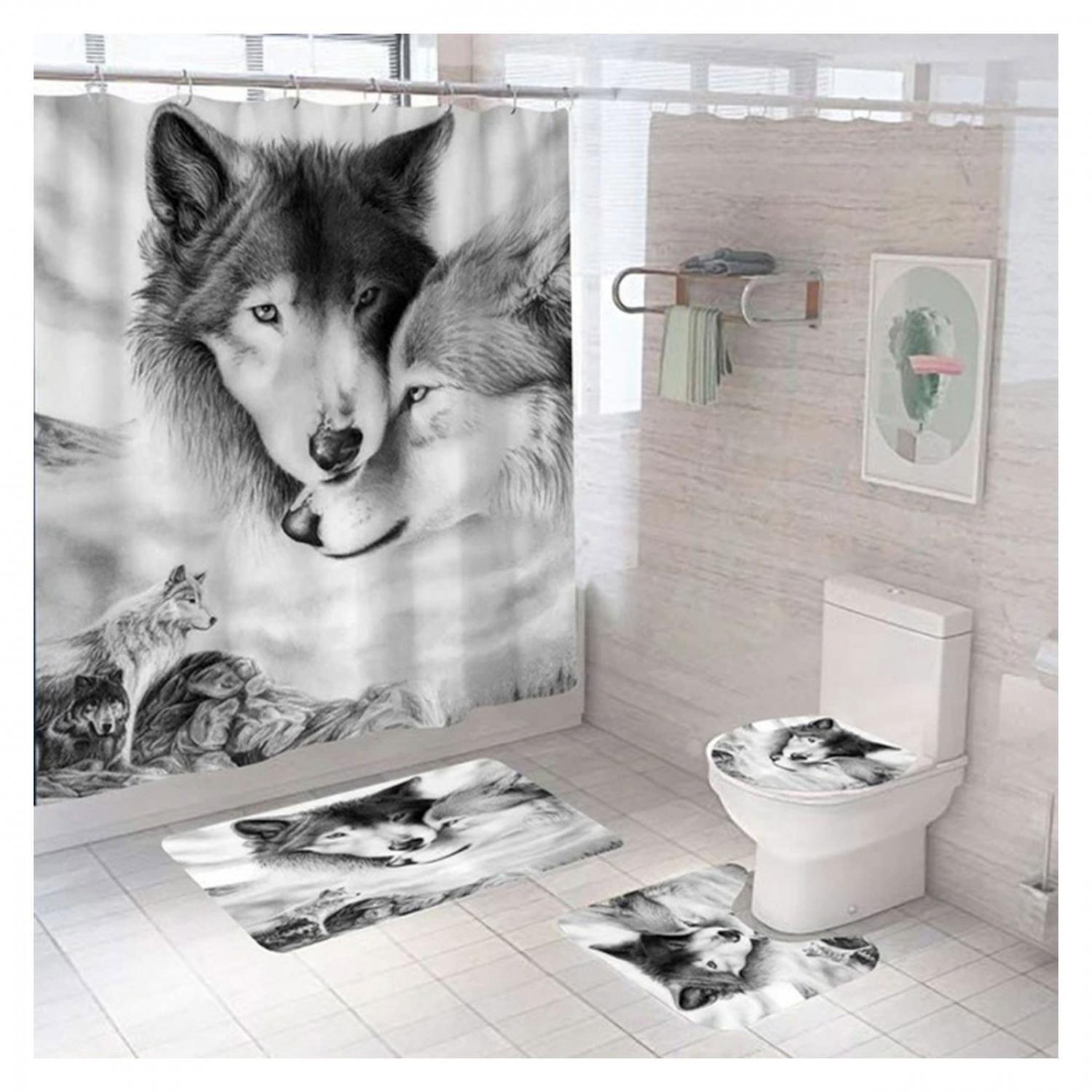 Cortina De Ducha + Set De Alfombra + Tapete Baño Lobo-0