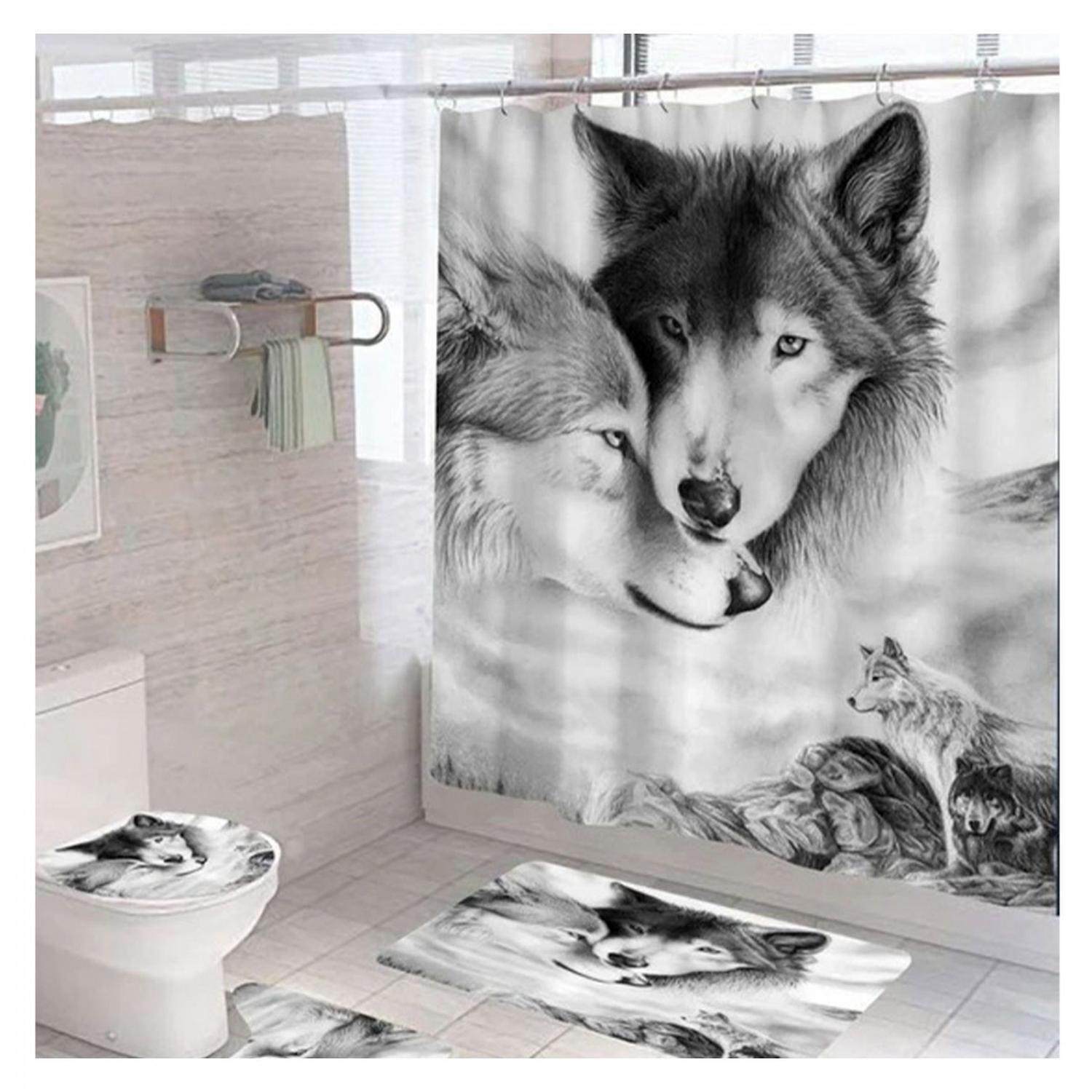 Cortina De Ducha + Set De Alfombra + Tapete Baño Lobo-1