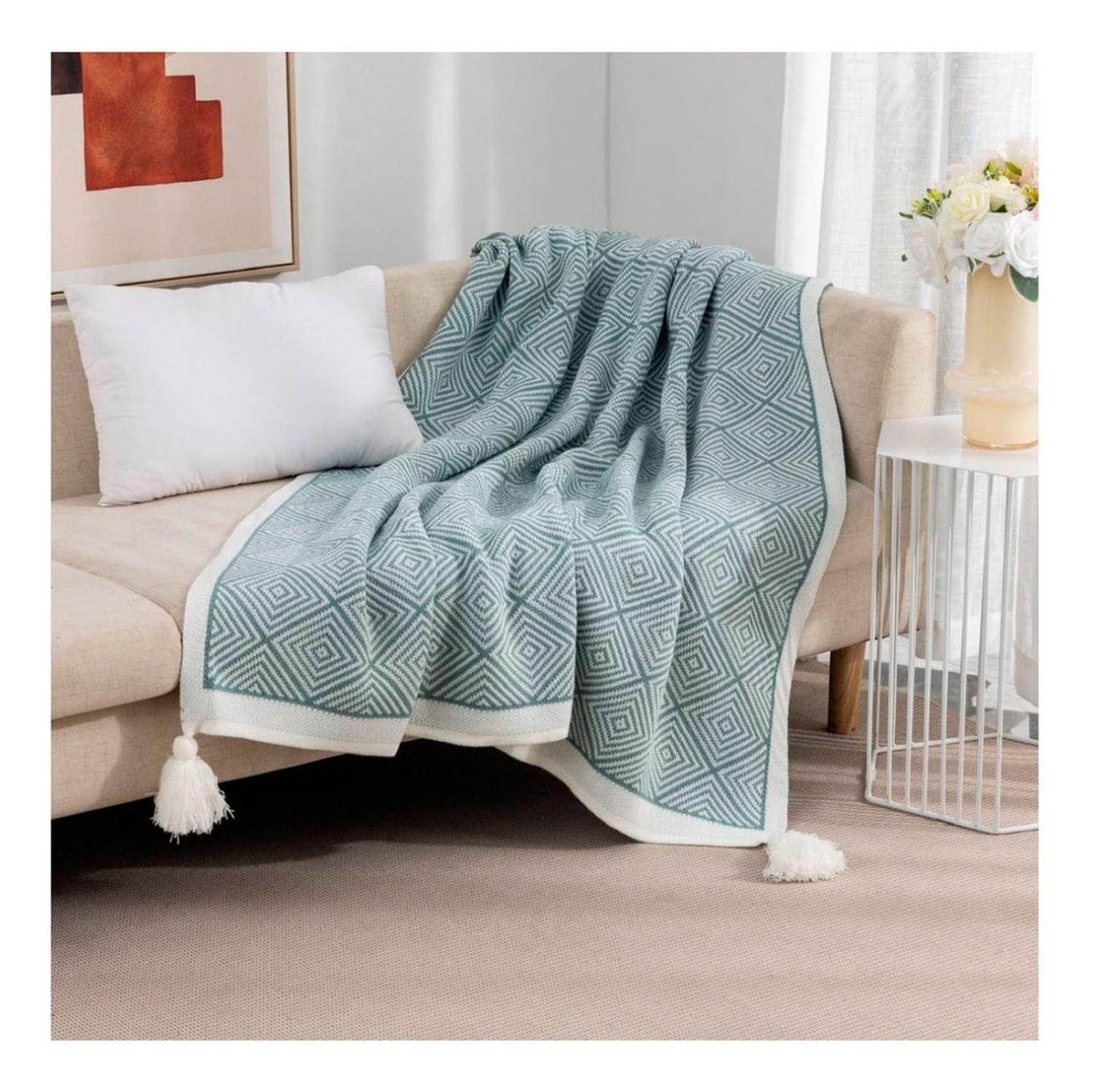 Manta De Lanilla Rombo Con Detalle Borla 130x150 Beige-0
