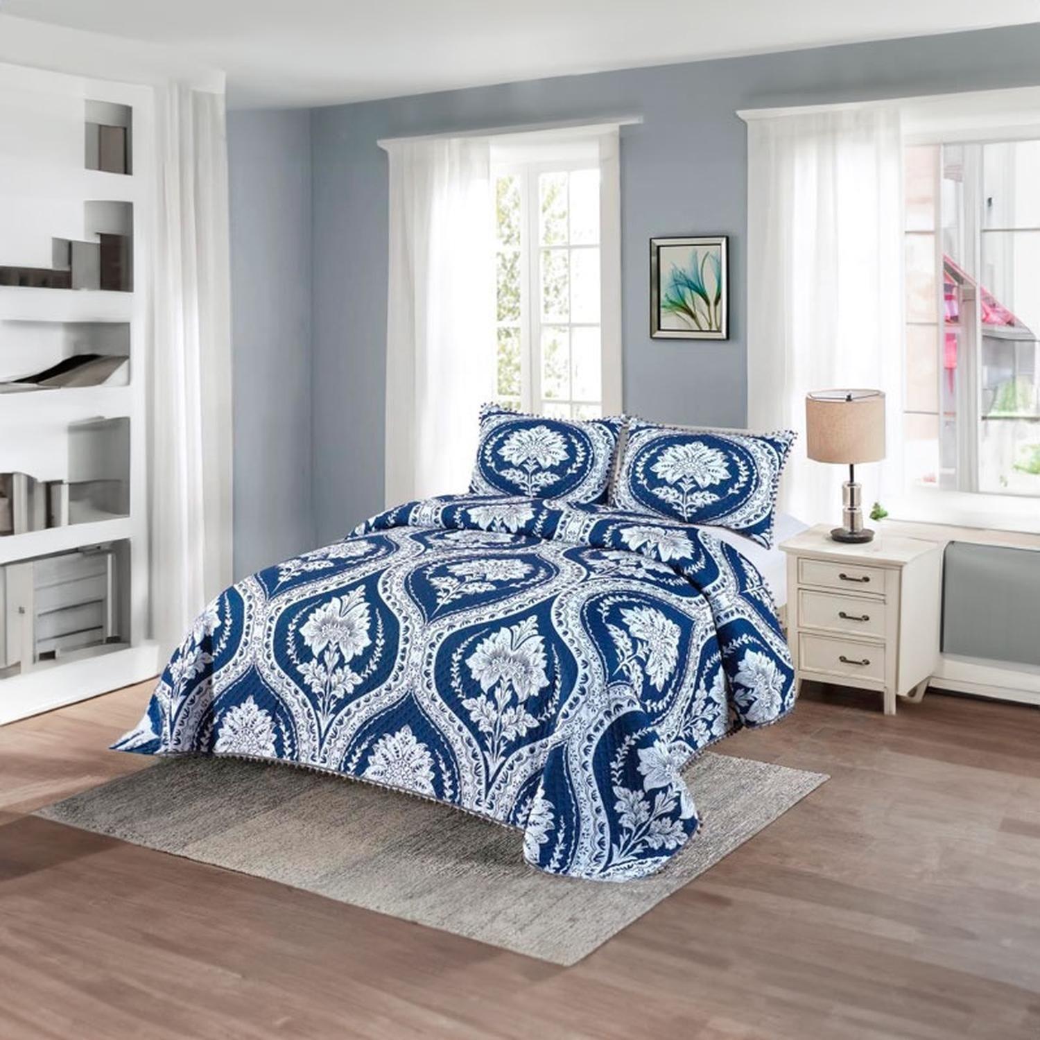 Cubrecama Quilt 2 Plazas Diseño Picas Azul Con Pompones-0