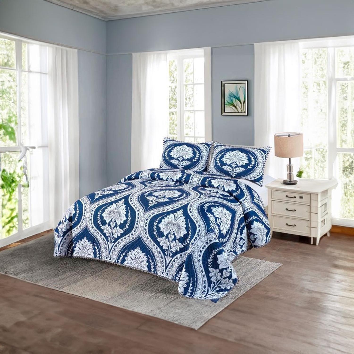 Cubrecama Quilt 2 Plazas Diseño Picas Azul Con Pompones-1