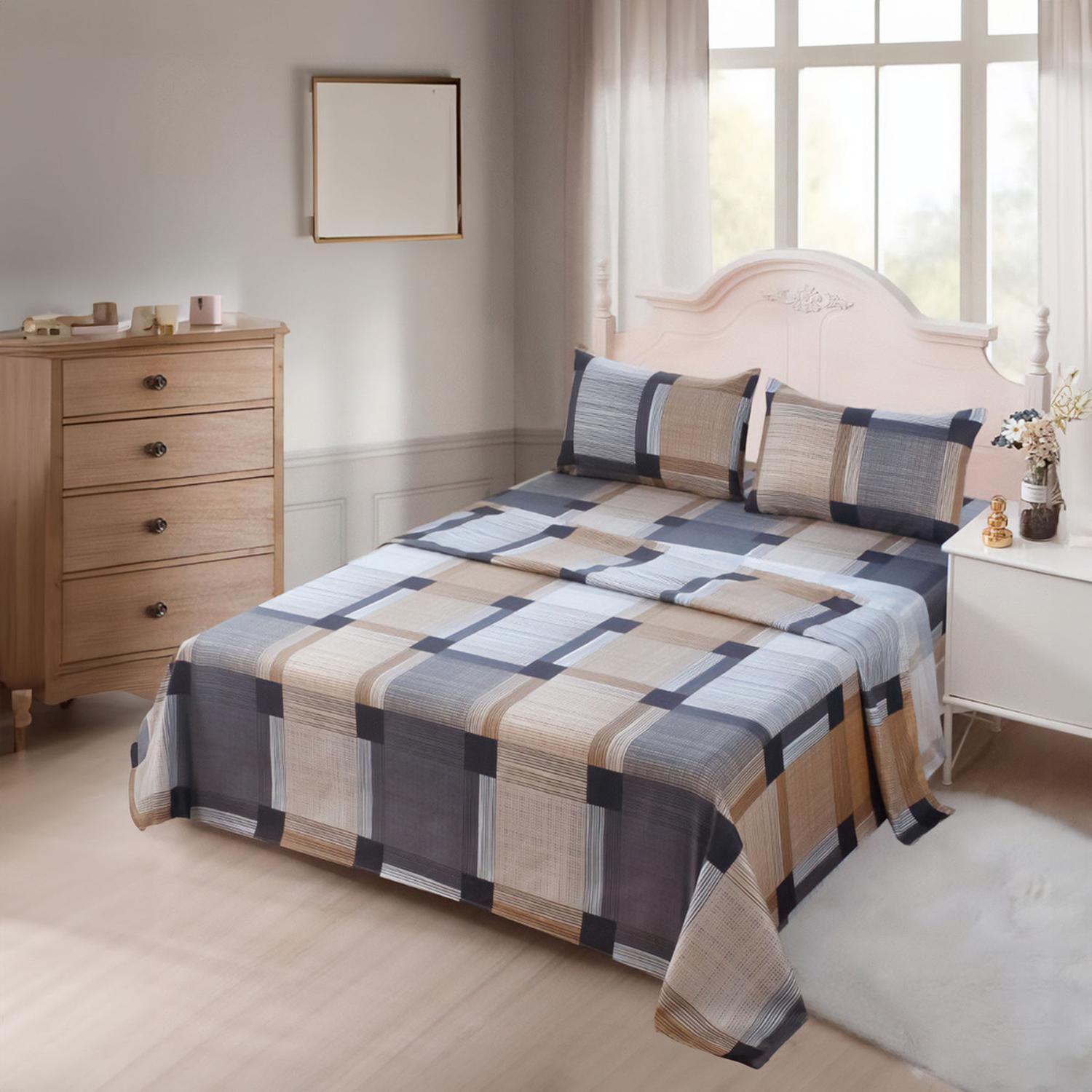 Juego De Sabanas 3.0 Algodon 200 Hilos Cuadrille Cafe 617-1