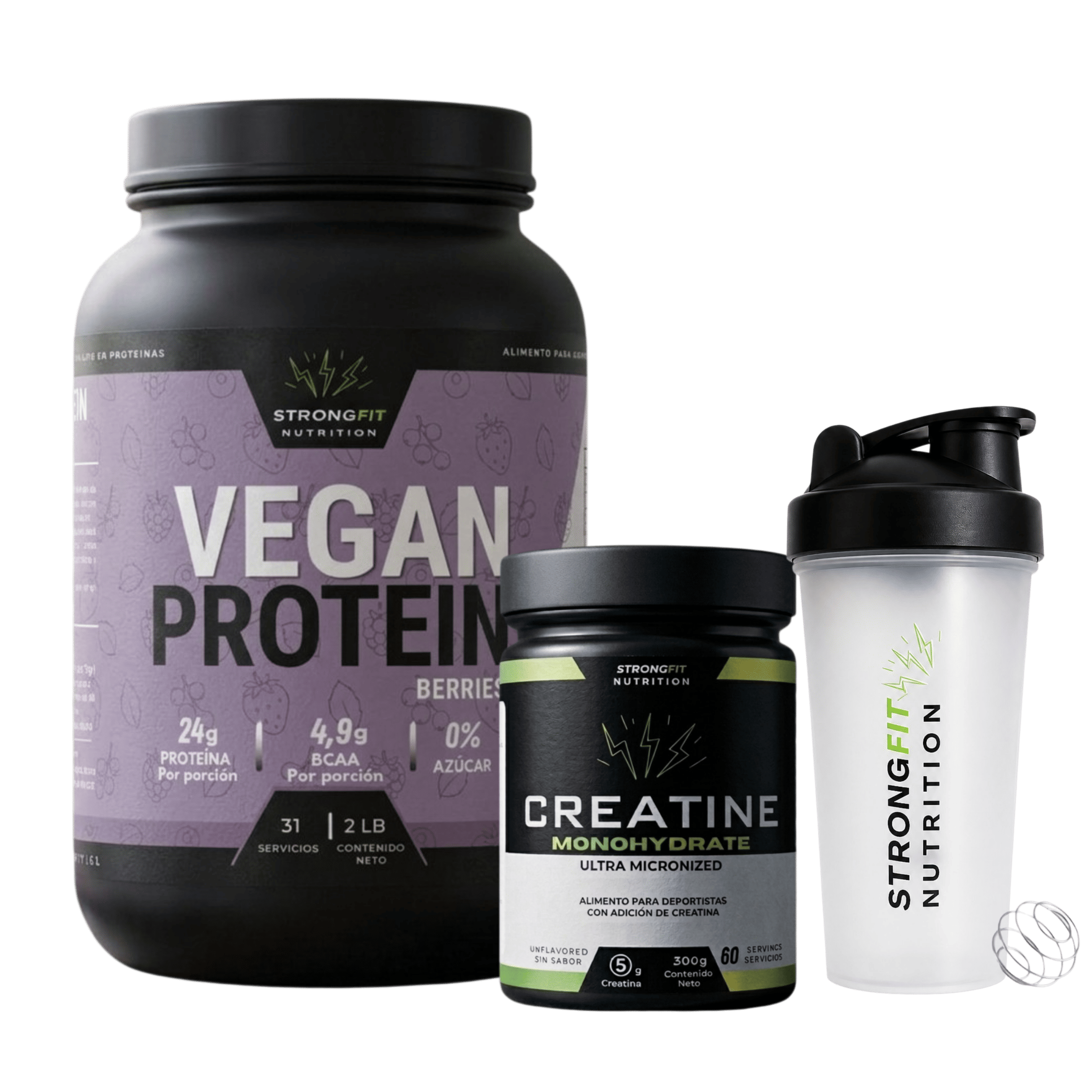 Pack Proteina Vegetal Creatina 300g Shaker regalo Strongfit-0