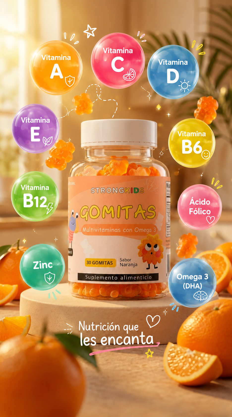 Gomitas Multivitaminicas Niños Con Omega3 Strongkids Naranja-2