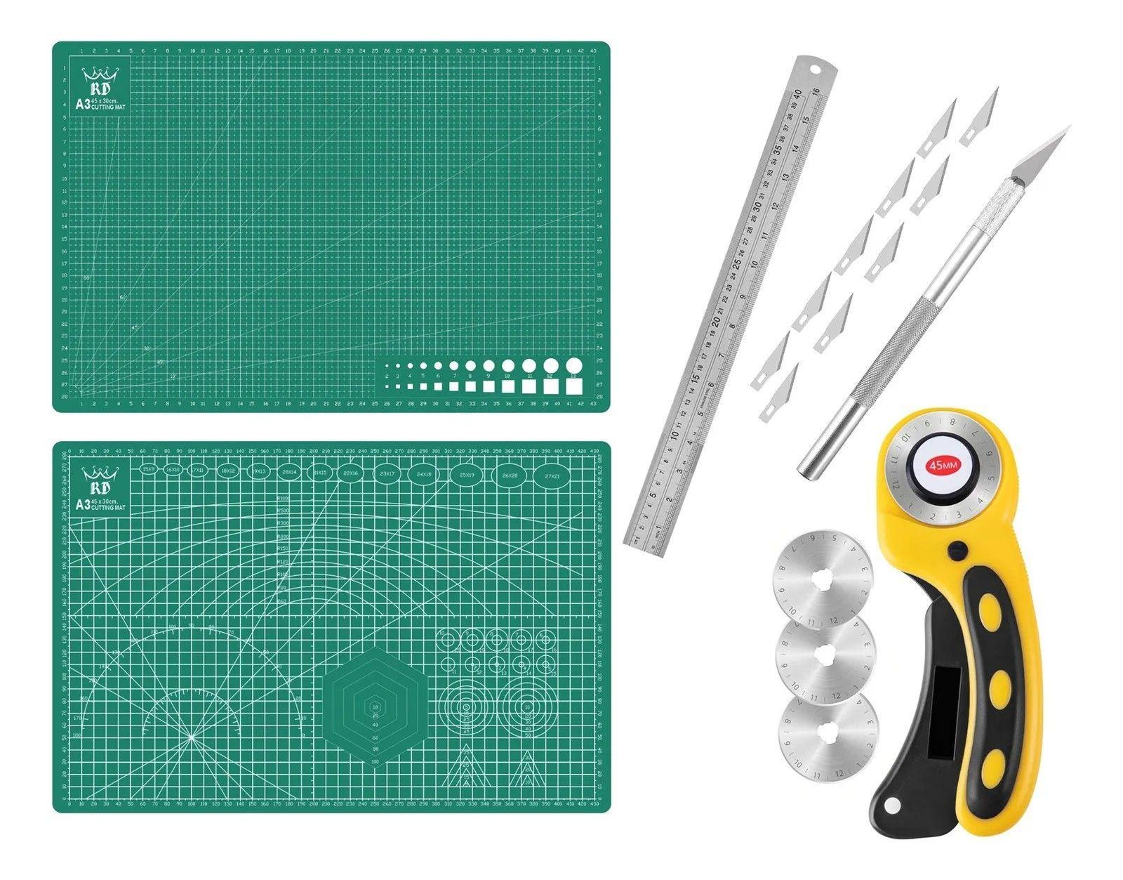 Base Tabla Corte A3 30x45cm + Regla 40cm+ Rotativo + Bisturi-0