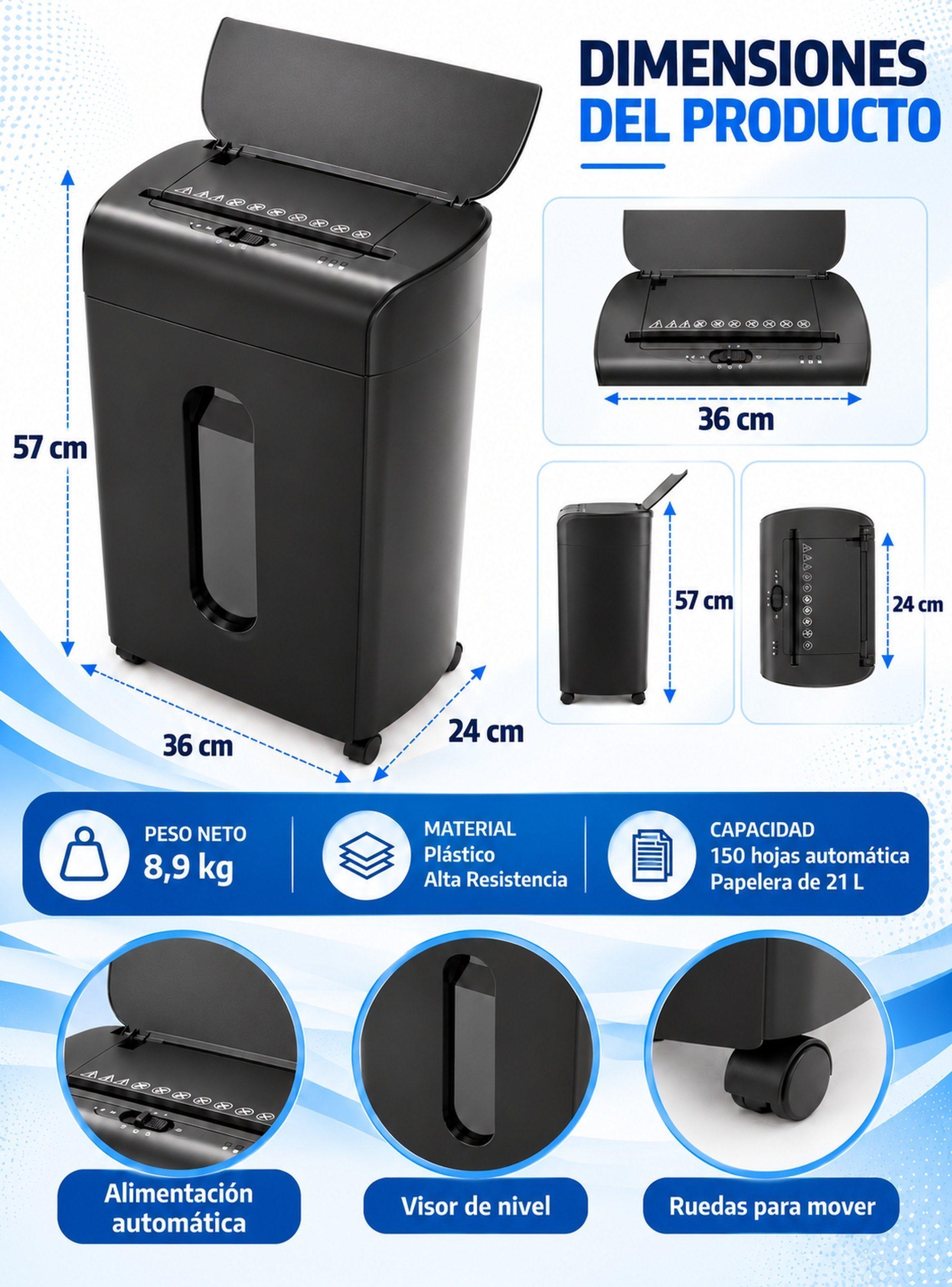 Destructora de Papel Automática 150 Hojas Micro Corte P4 con Papelera 21 L-2
