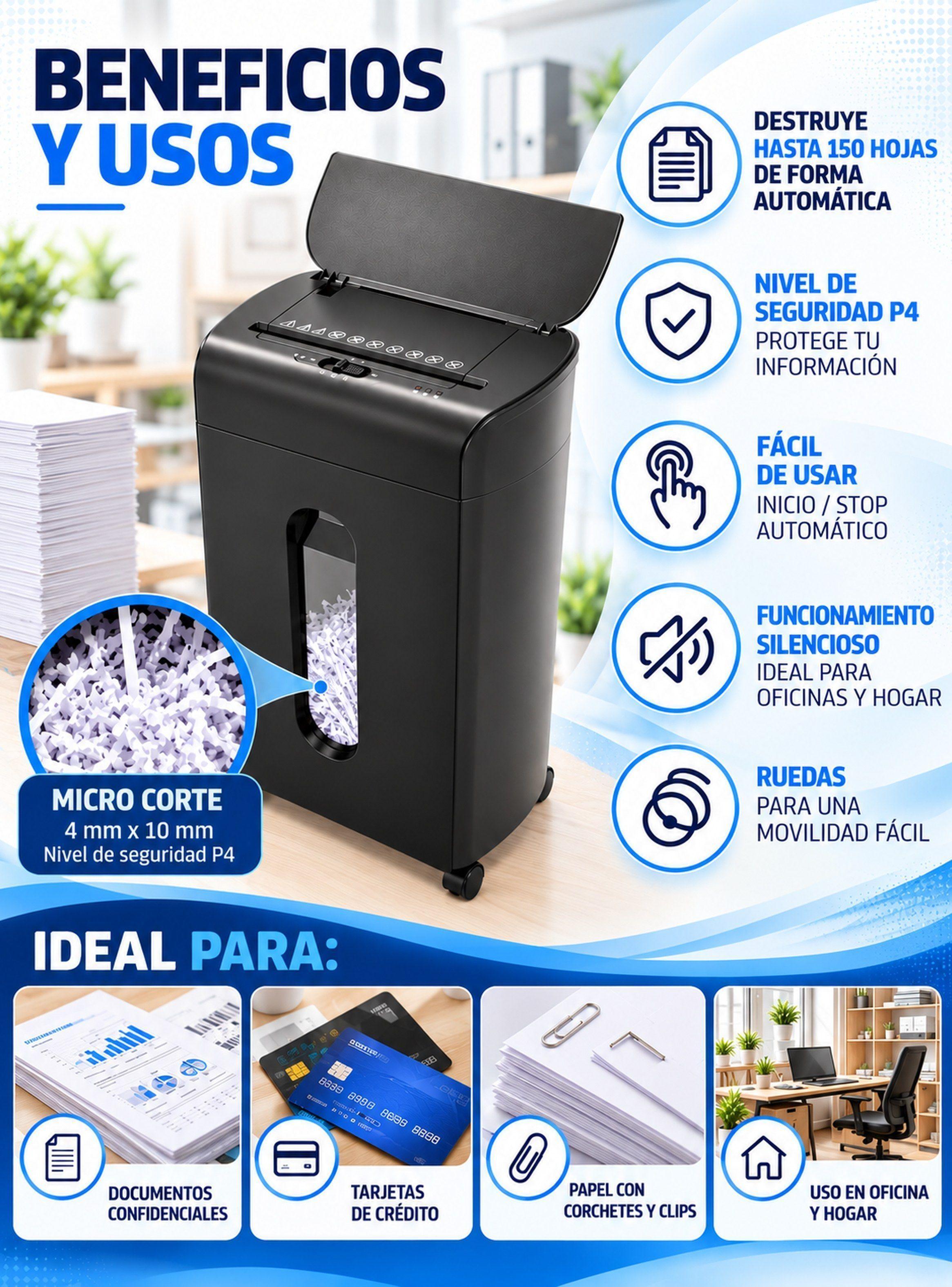 Destructora de Papel Automática 150 Hojas Micro Corte P4 con Papelera 21 L-3