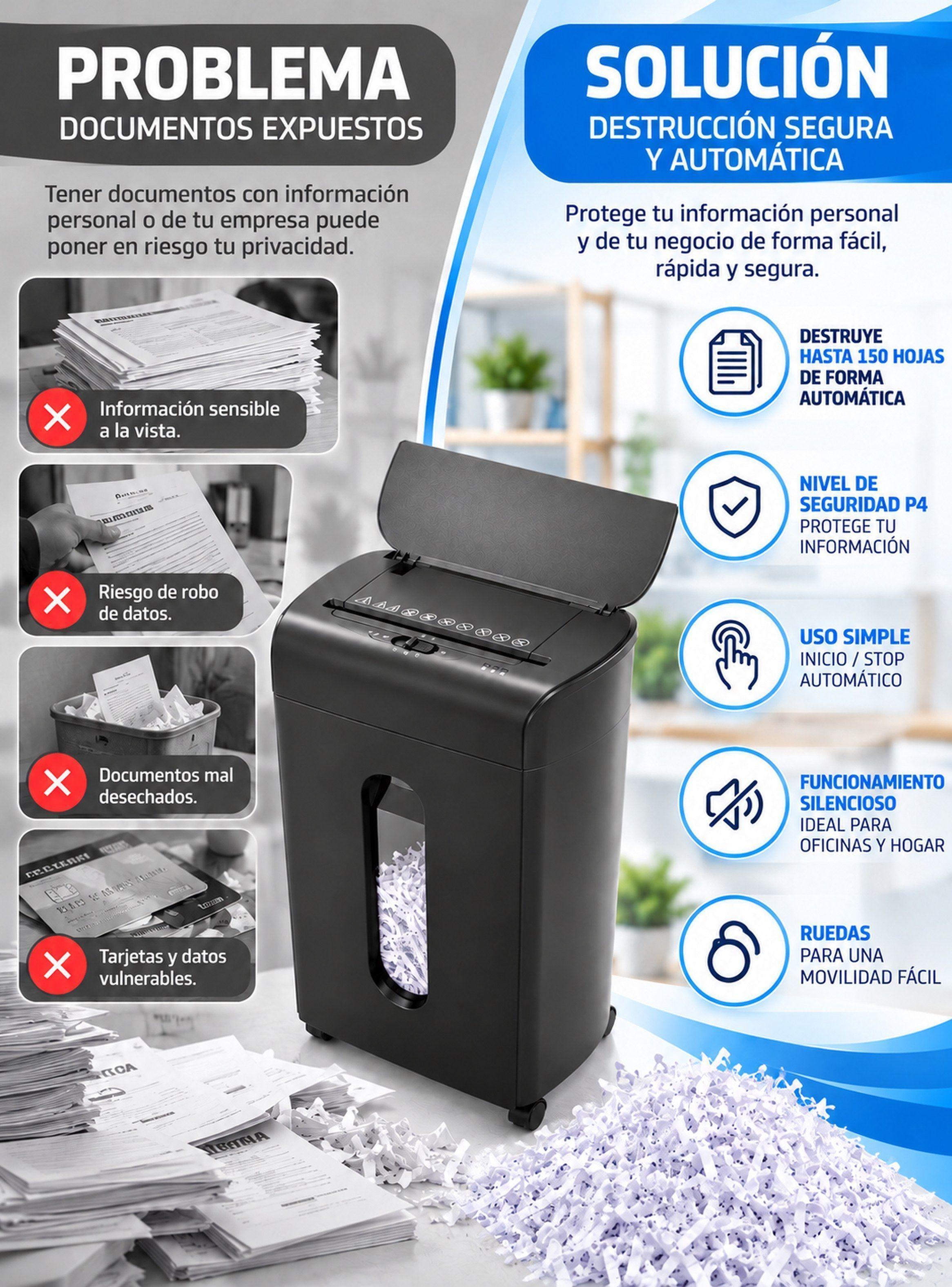 Destructora de Papel Automática 150 Hojas Micro Corte P4 con Papelera 21 L-4