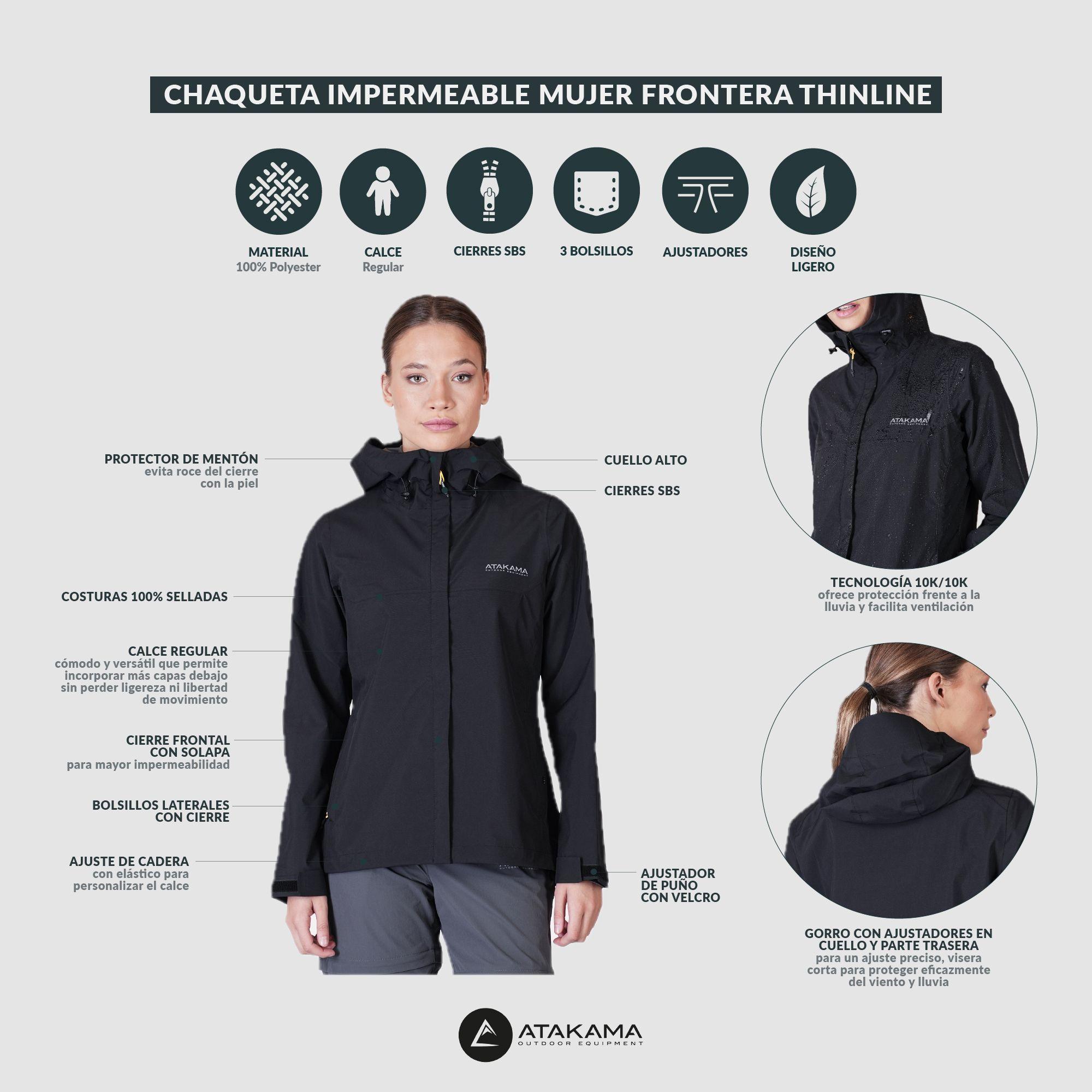 Chaqueta Impermeable Mujer Frontera Thinline Negra Atakama Outdoor-6