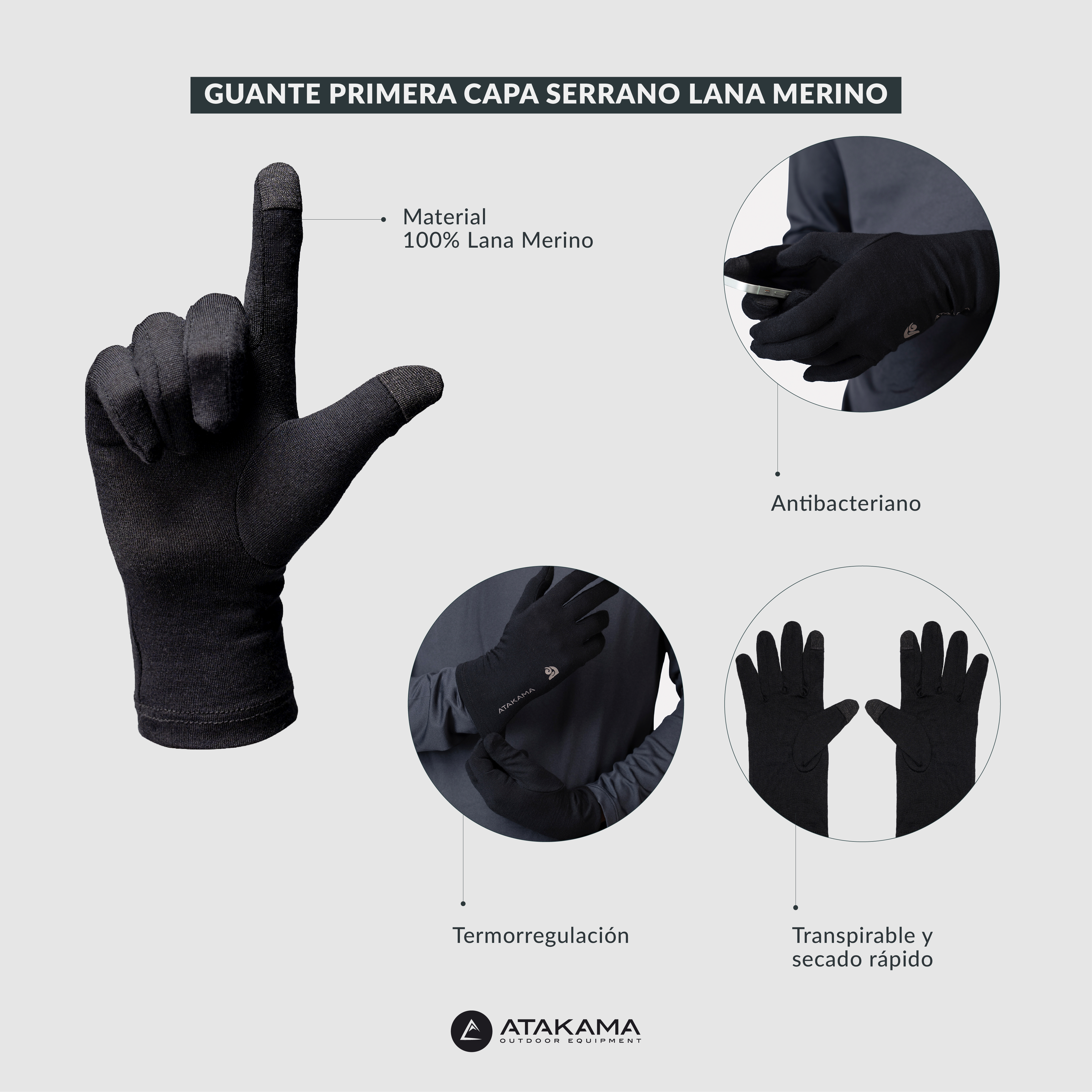 Guante Primera Capa Serrano Lana Merino Negro Atakama Outdoor-4