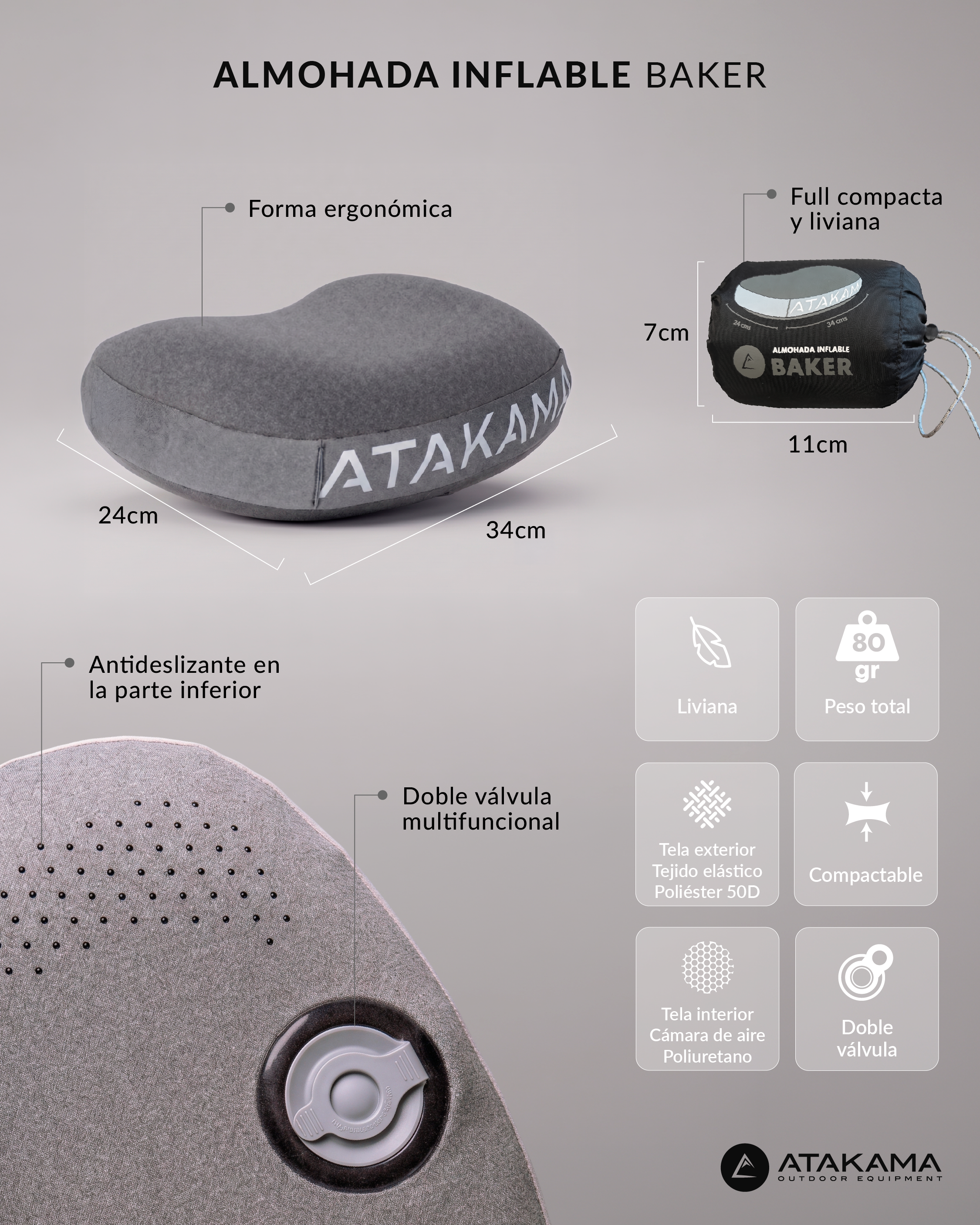 Almohada Inflable Baker Gris  Atakama Outdoor-3