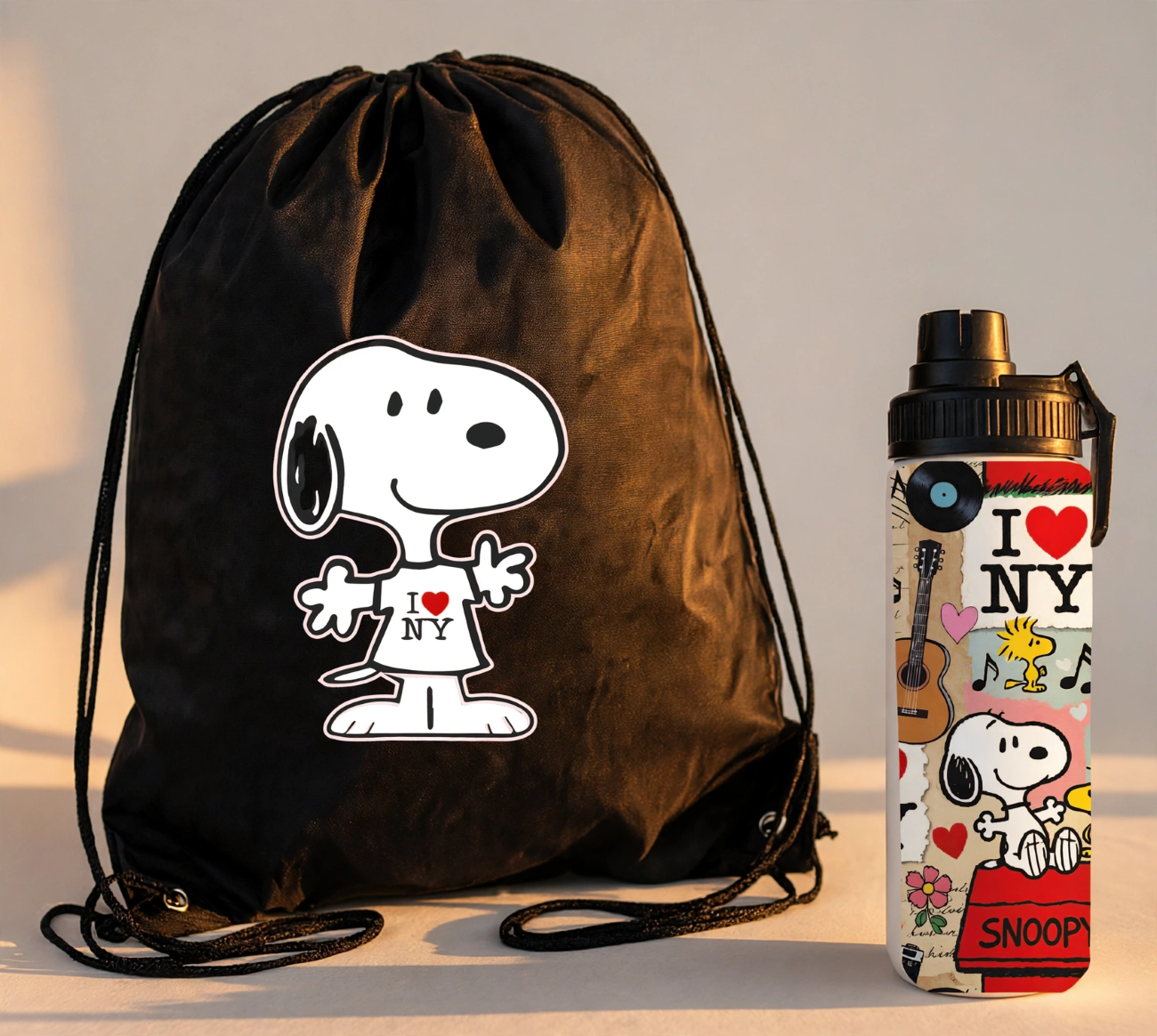 SET BOLSO ALGODON MORRAL MAS BOTELLA SNOOPY I LOVE NEW YORK-2