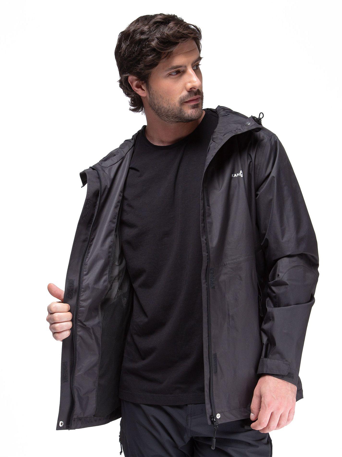 Chaqueta Cortavientos Impermeable Hombre Negro con Gorro-6
