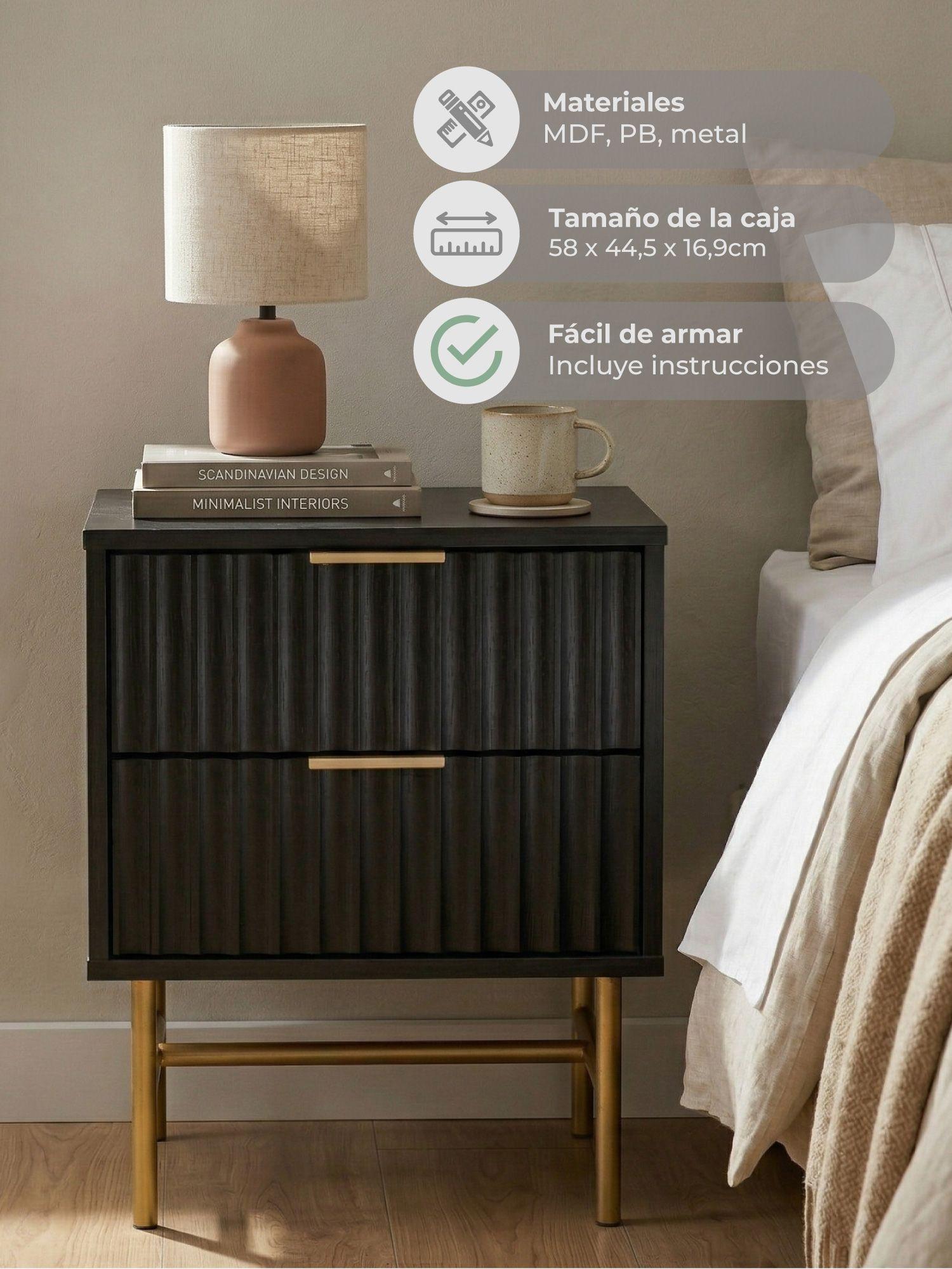 Velador Manhattan Relan Estilo Madera Roble Negra Diseño Acanalado Color Negro y Dorado-7