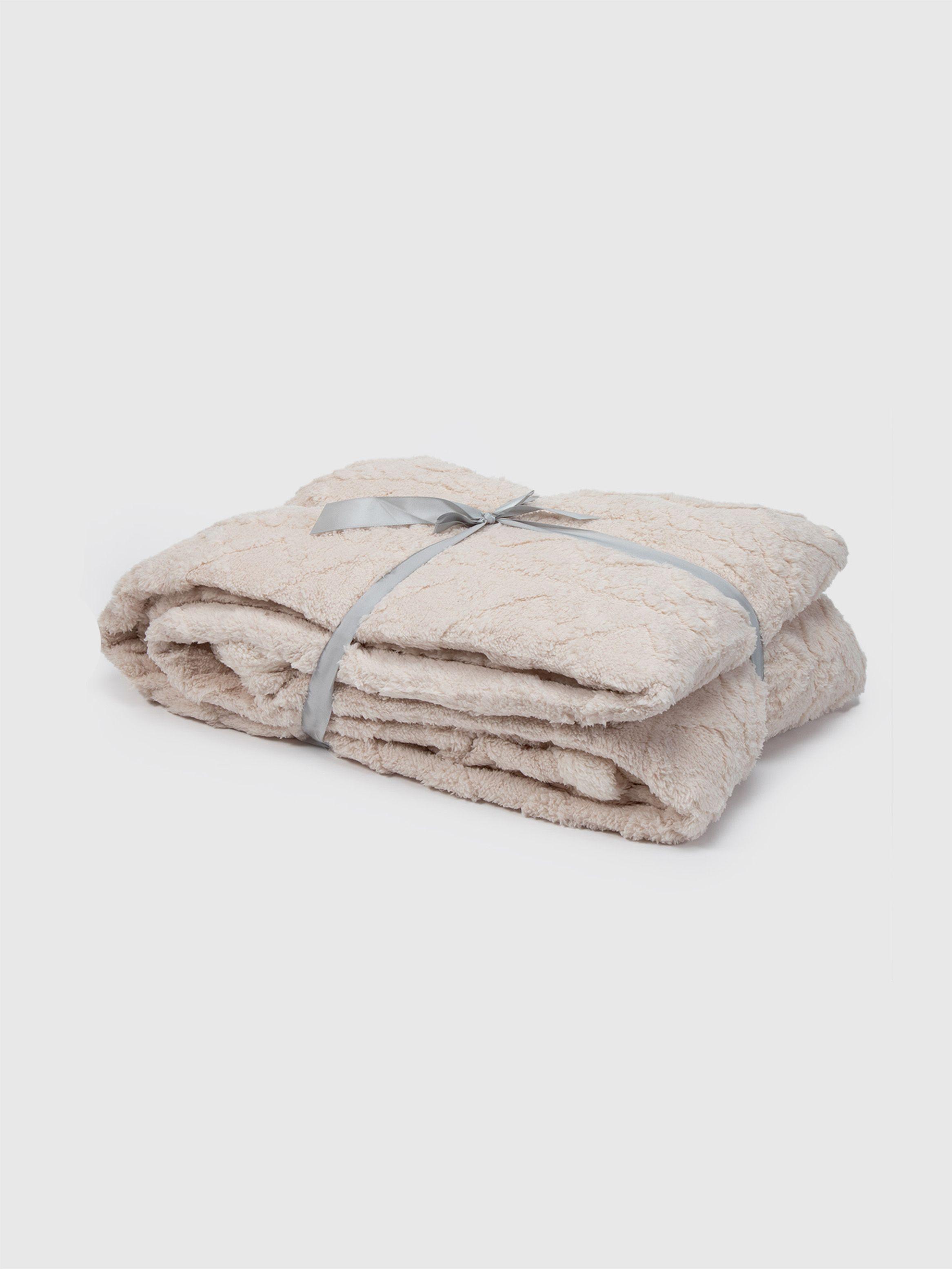 Manta Frazada Sherpa Jacquard Crema 1,5 Plazas Relan-2