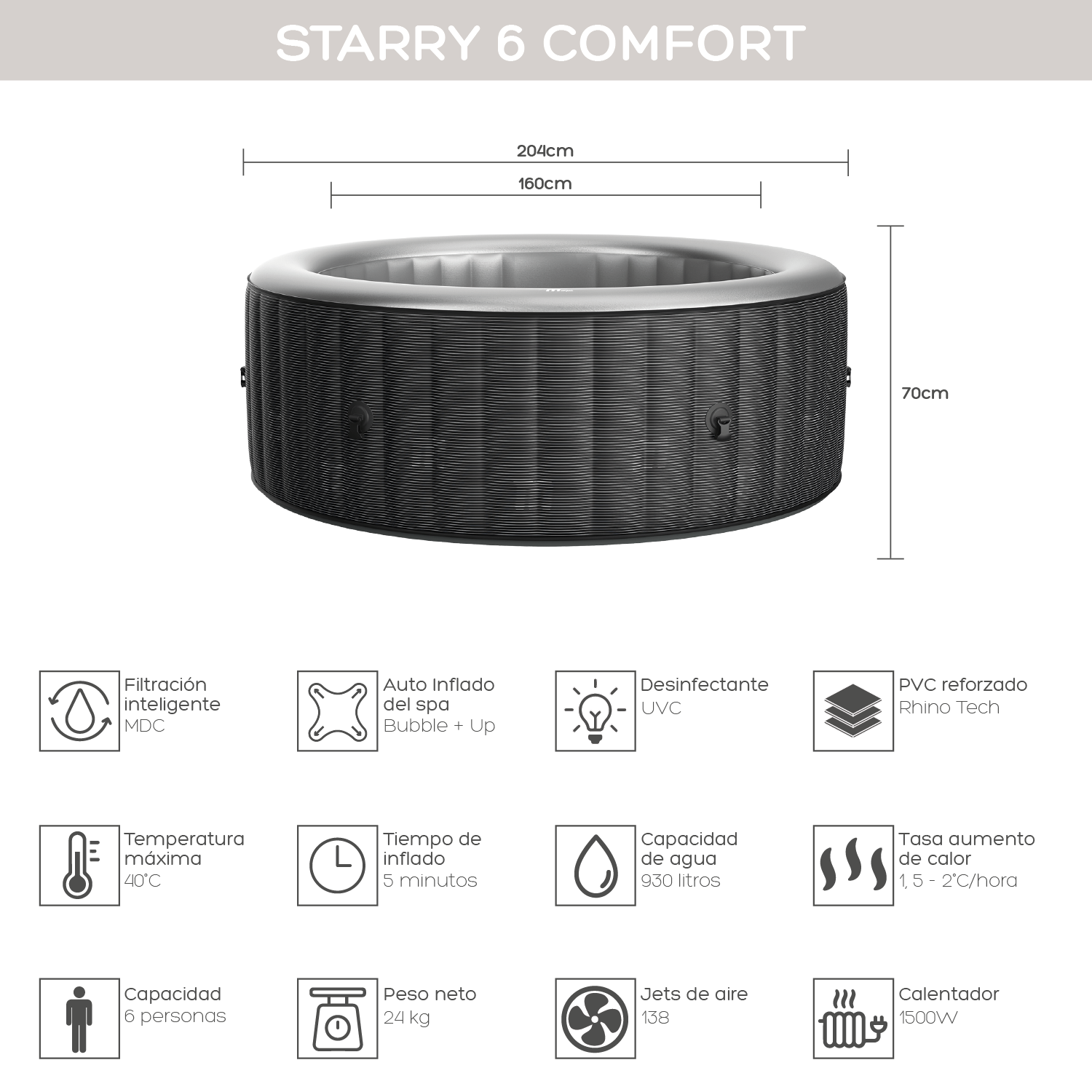 Hot Tub Inflable Starry Comfort Luz LED Para 6 Personas MSpa-2