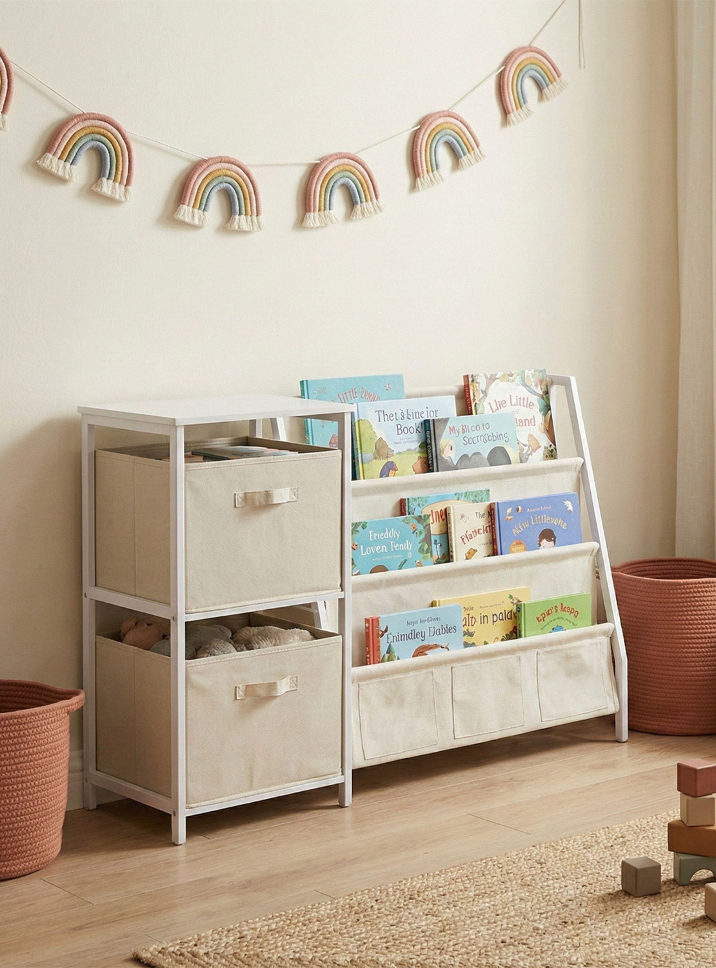 Librero Biblioteca Infantil Runo Relan Con Cajones y Estantes de Tela Blanco-7