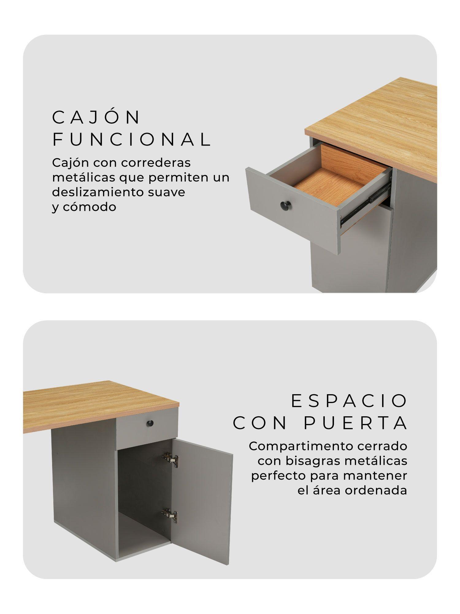 Escritorio Ergo-016 Relan con Cajón y Puerta 140 cm largo Color Café Claro y Gris-4