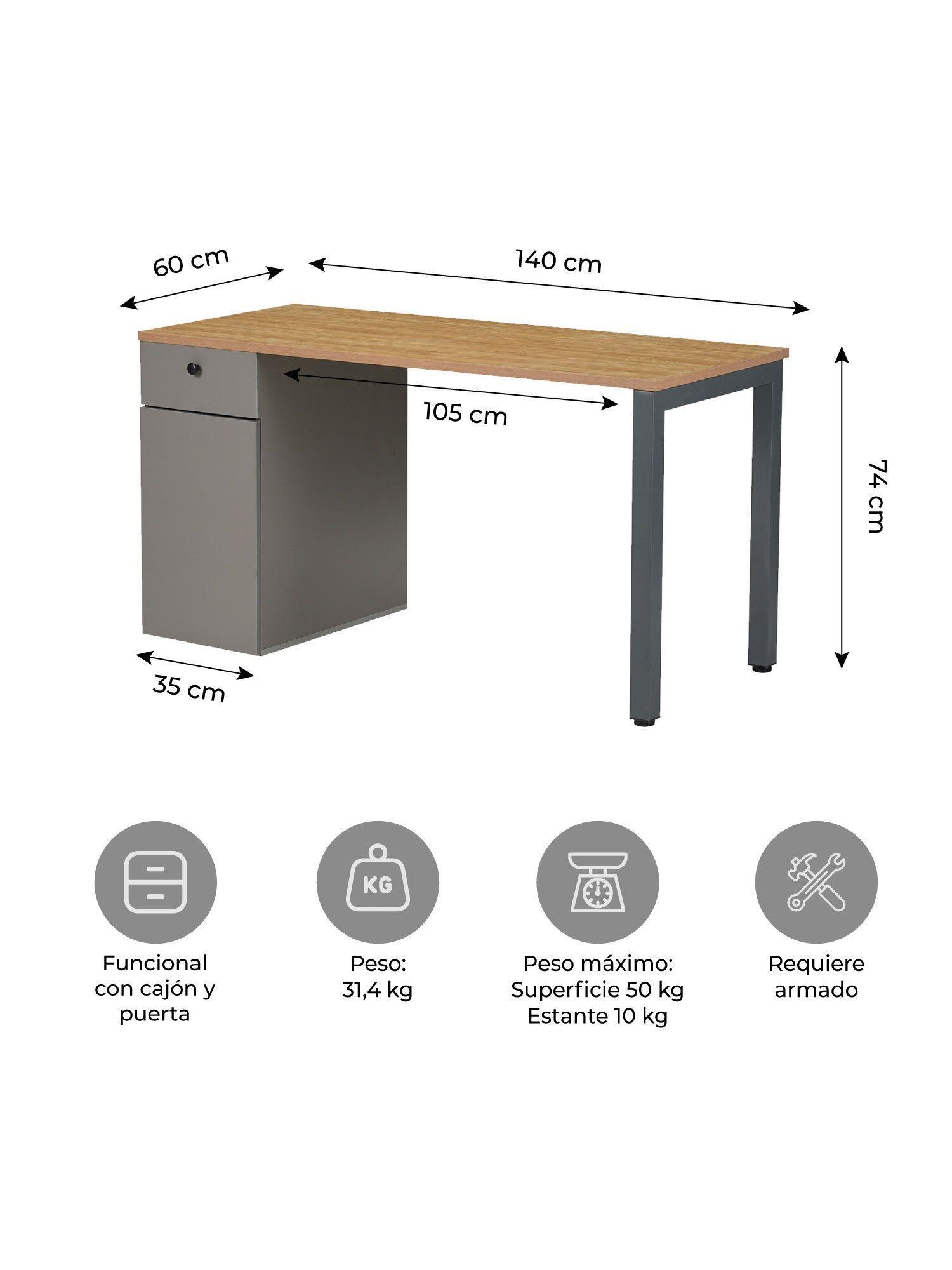 Escritorio Ergo-016 Relan con Cajón y Puerta 140 cm largo Color Café Claro y Gris-7