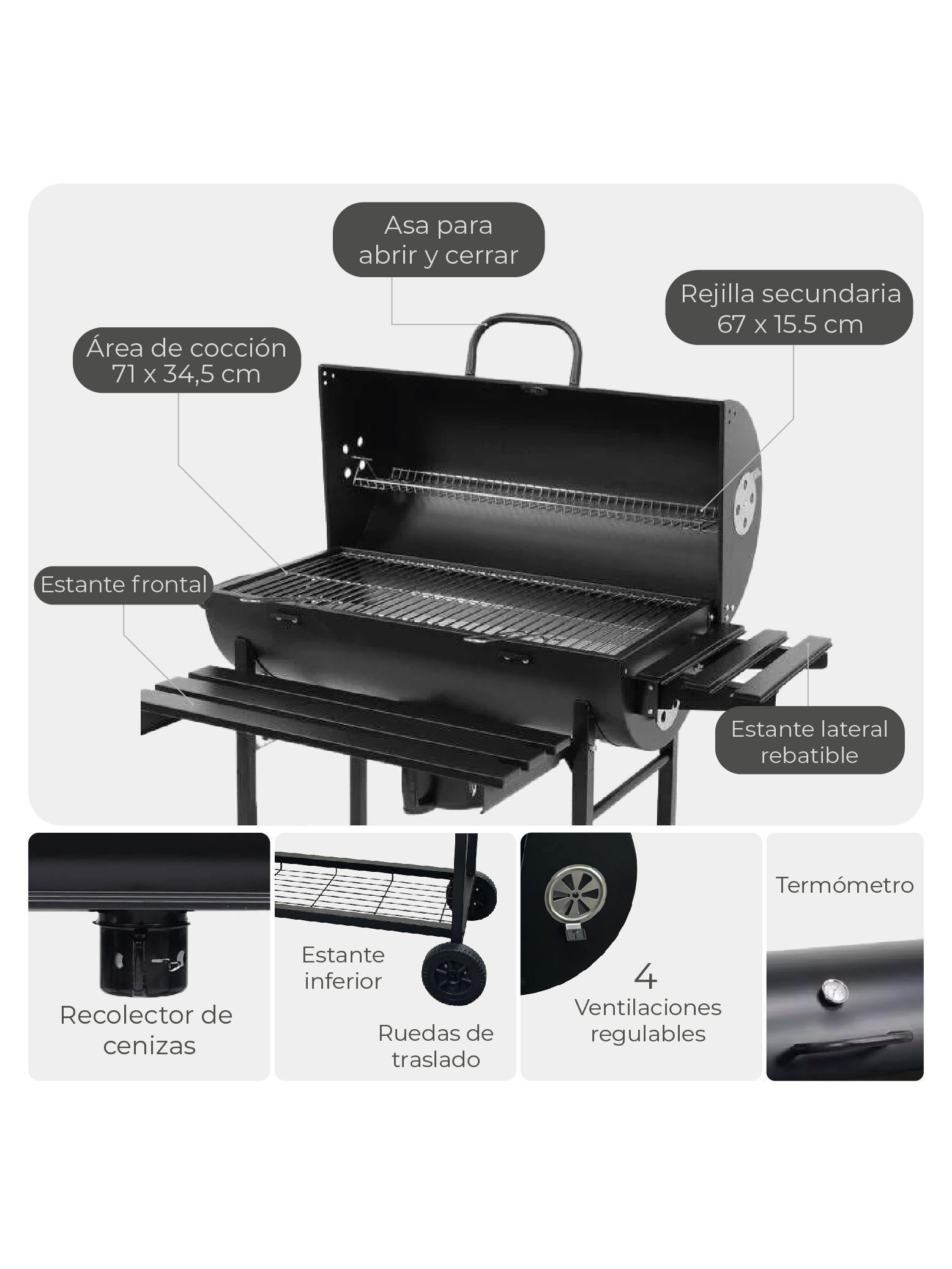 Parrilla Tambor a Carbón Relan BBQ Black con Tapa y Ruedas-3