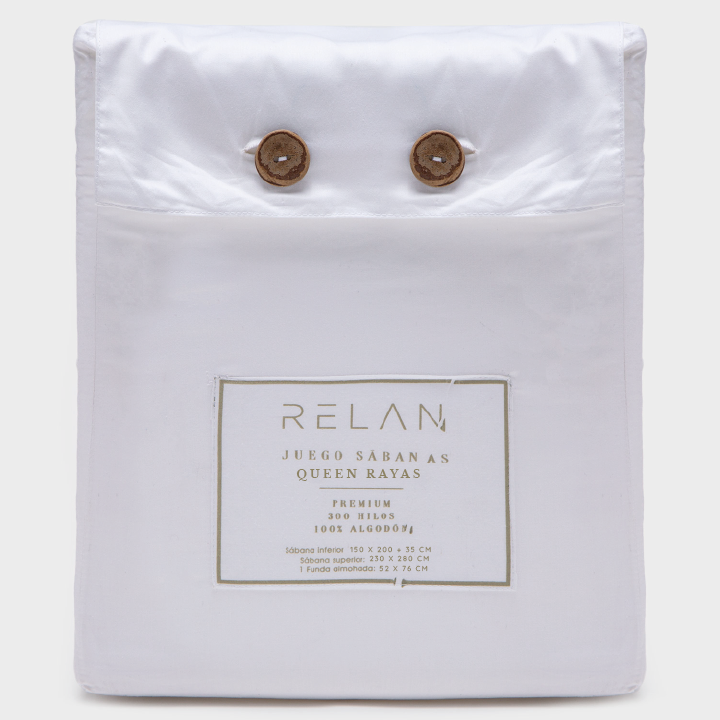 Juego de Sábanas Rayadas 600 Hilos Blanco Queen Relan-5
