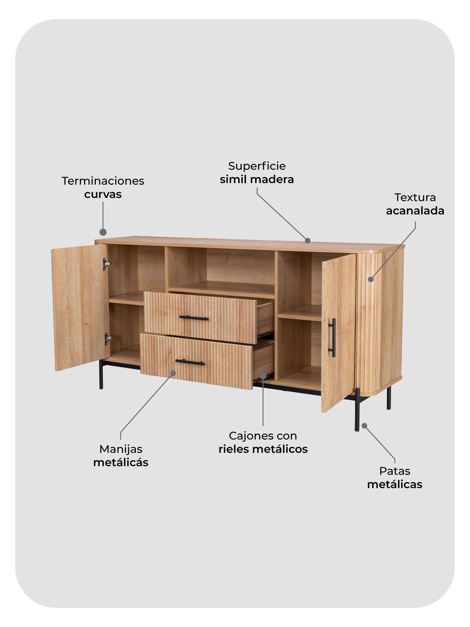 Bufett Swell Relan Diseño Acanalado Con Puertas y Cajones Color Café Claro-3