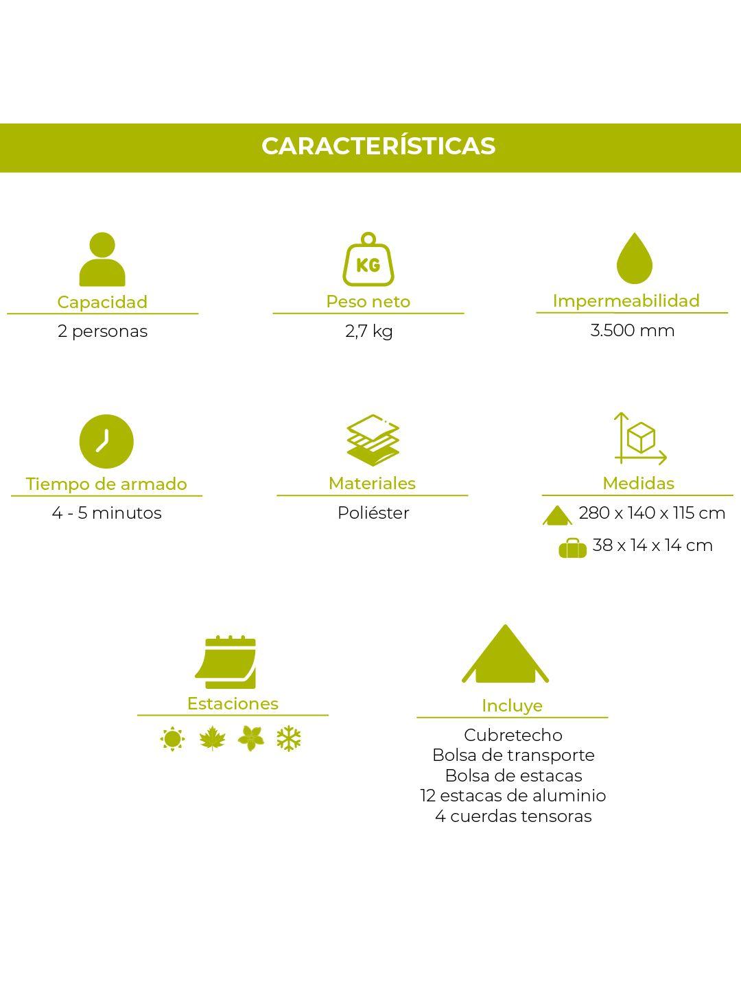 Carpa Técnica 2 Personas 4 Estaciones Camping Impermeable-3