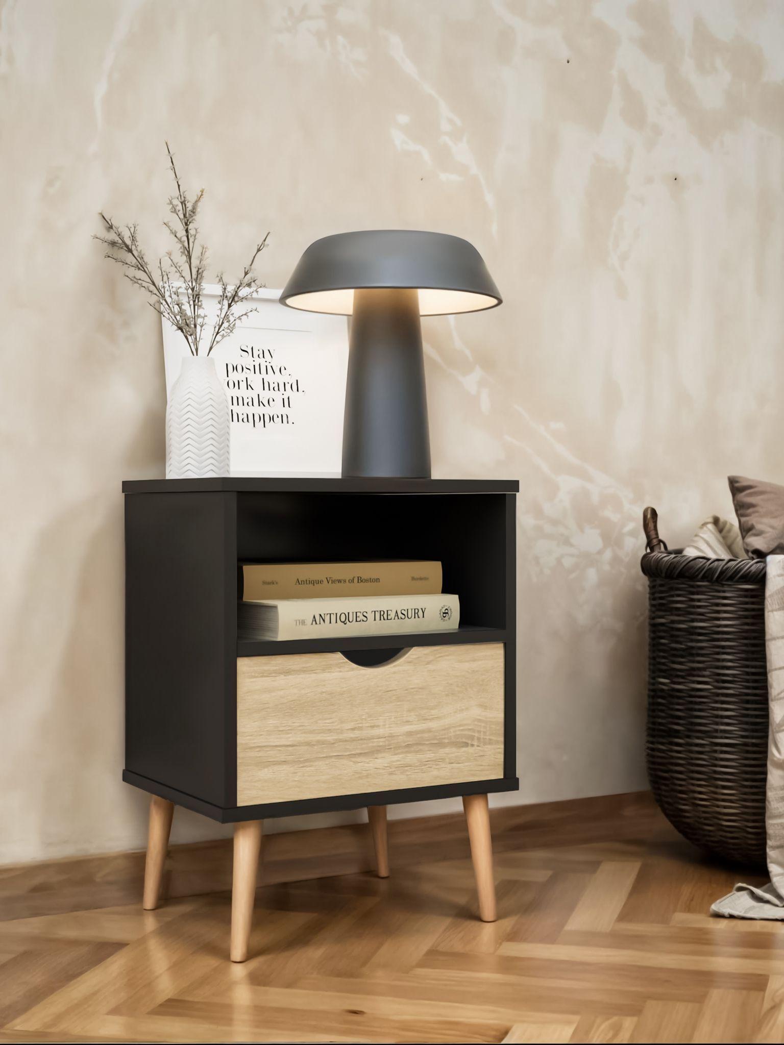 Velador Top Living Tromso Con Cajón Negro y Madera-2