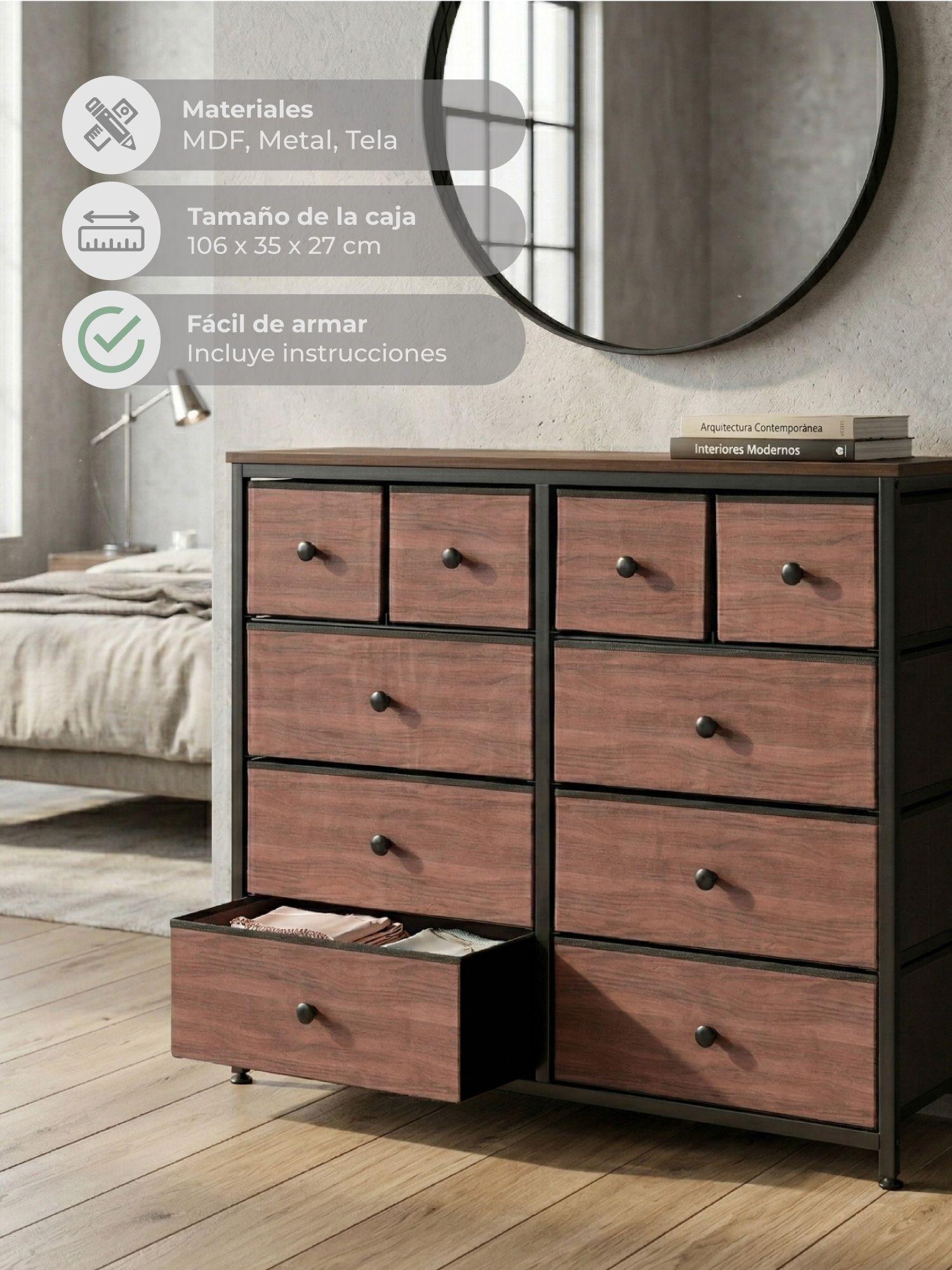 Cómoda Cajonera con 10 Cajones Anshan Relan Simil Madera y Metal-5