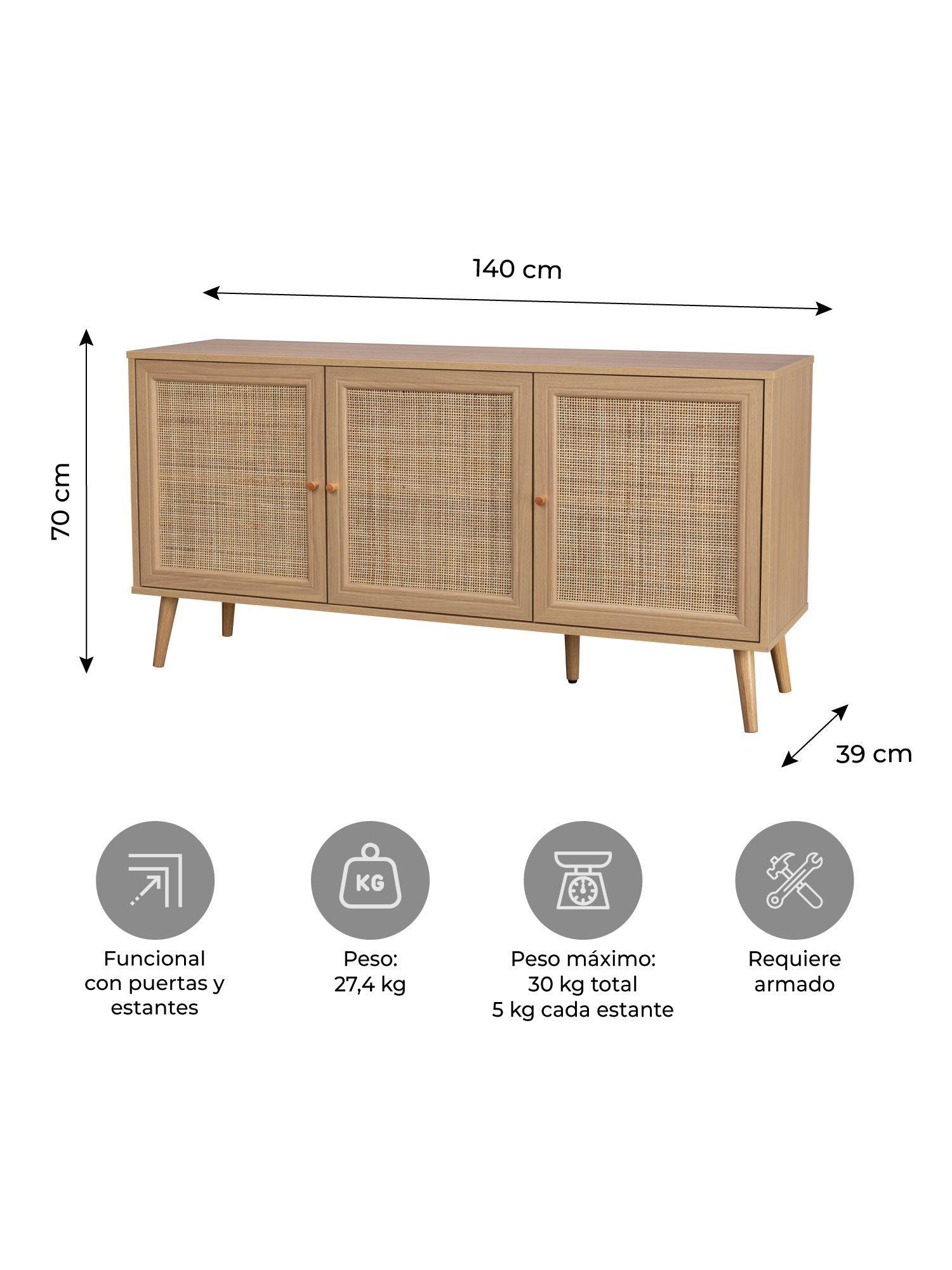 Aparador Buffet Maui Relan Con 3 Puertas de Ratán 140 Cm-2