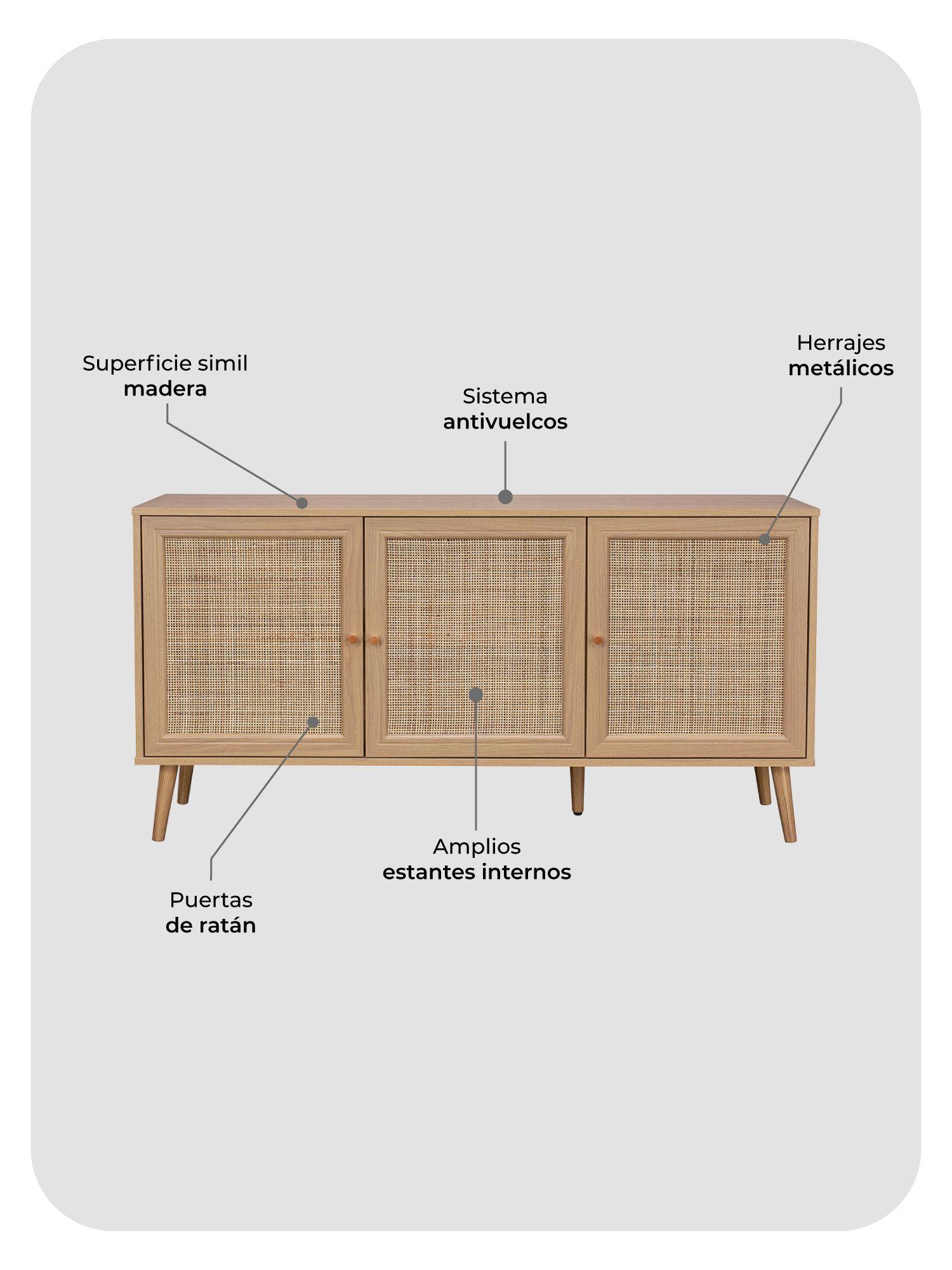 Aparador Buffet Maui Relan Con 3 Puertas de Ratán 140 Cm-5