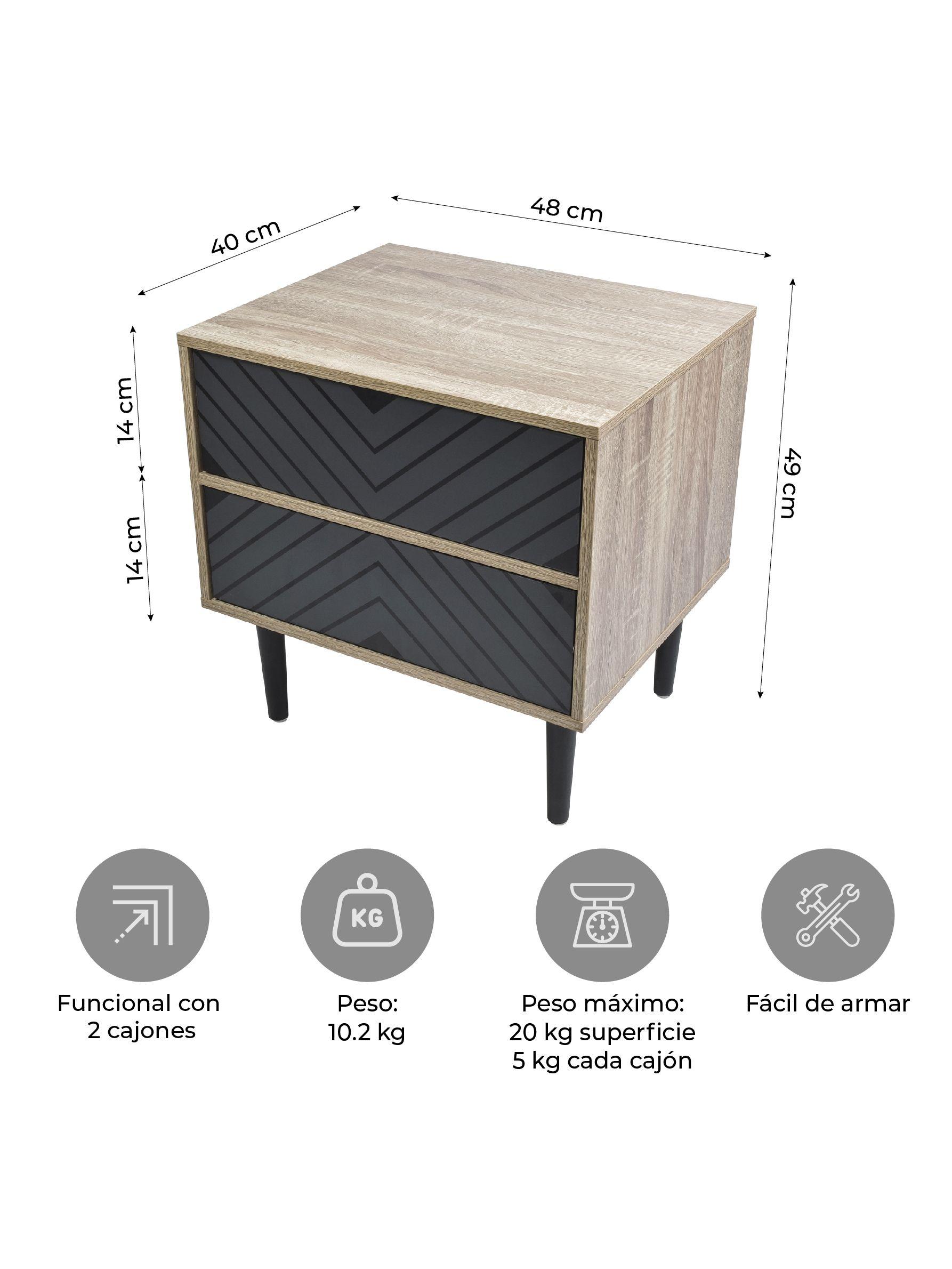 Velador Top Living Night Con Cajones Negro y Madera-2
