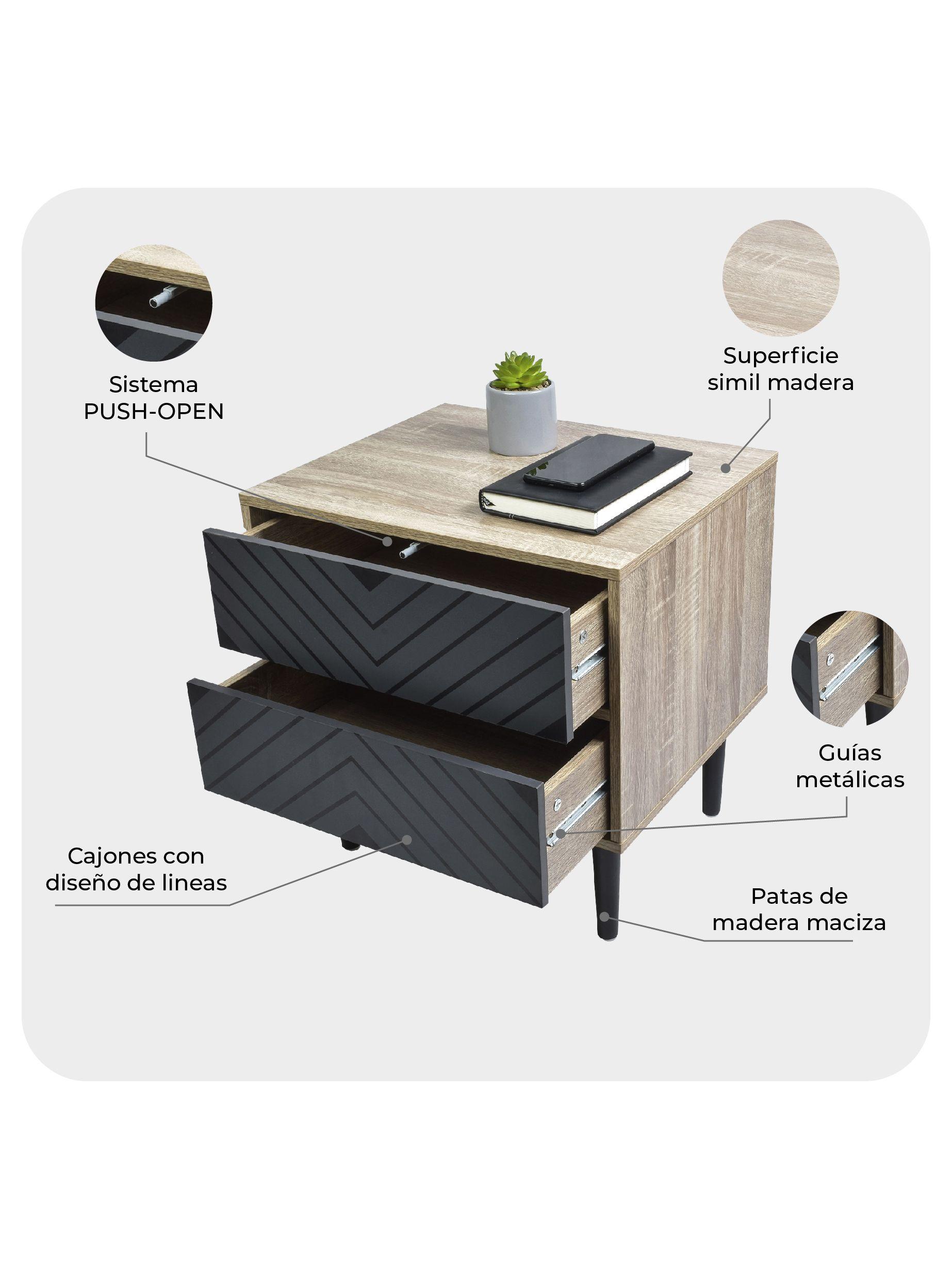 Velador Top Living Night Con Cajones Negro y Madera-4