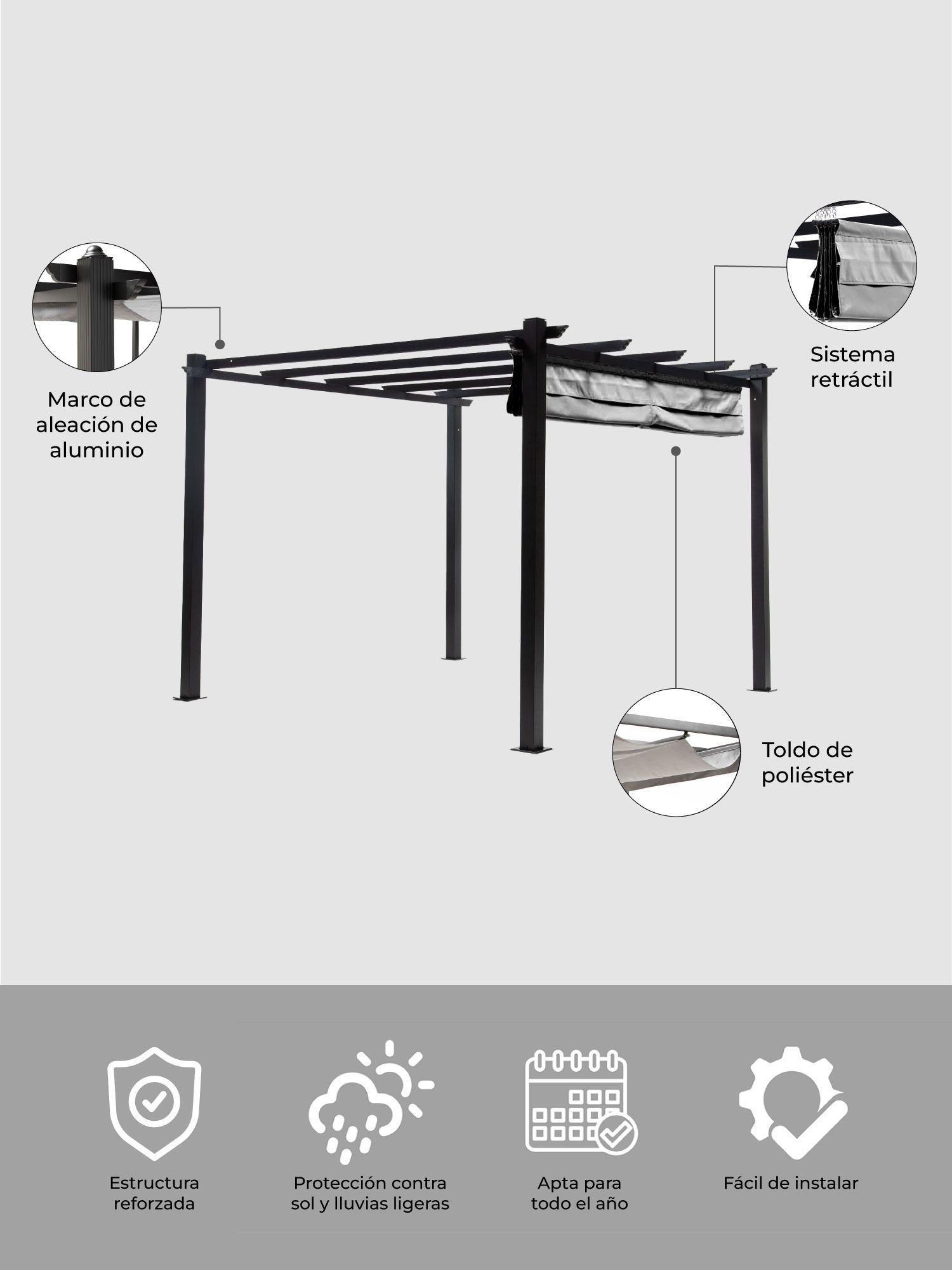 Pérgola Retráctil Gris Relan Tipo Romana Gazebo Toldo 3x3-5