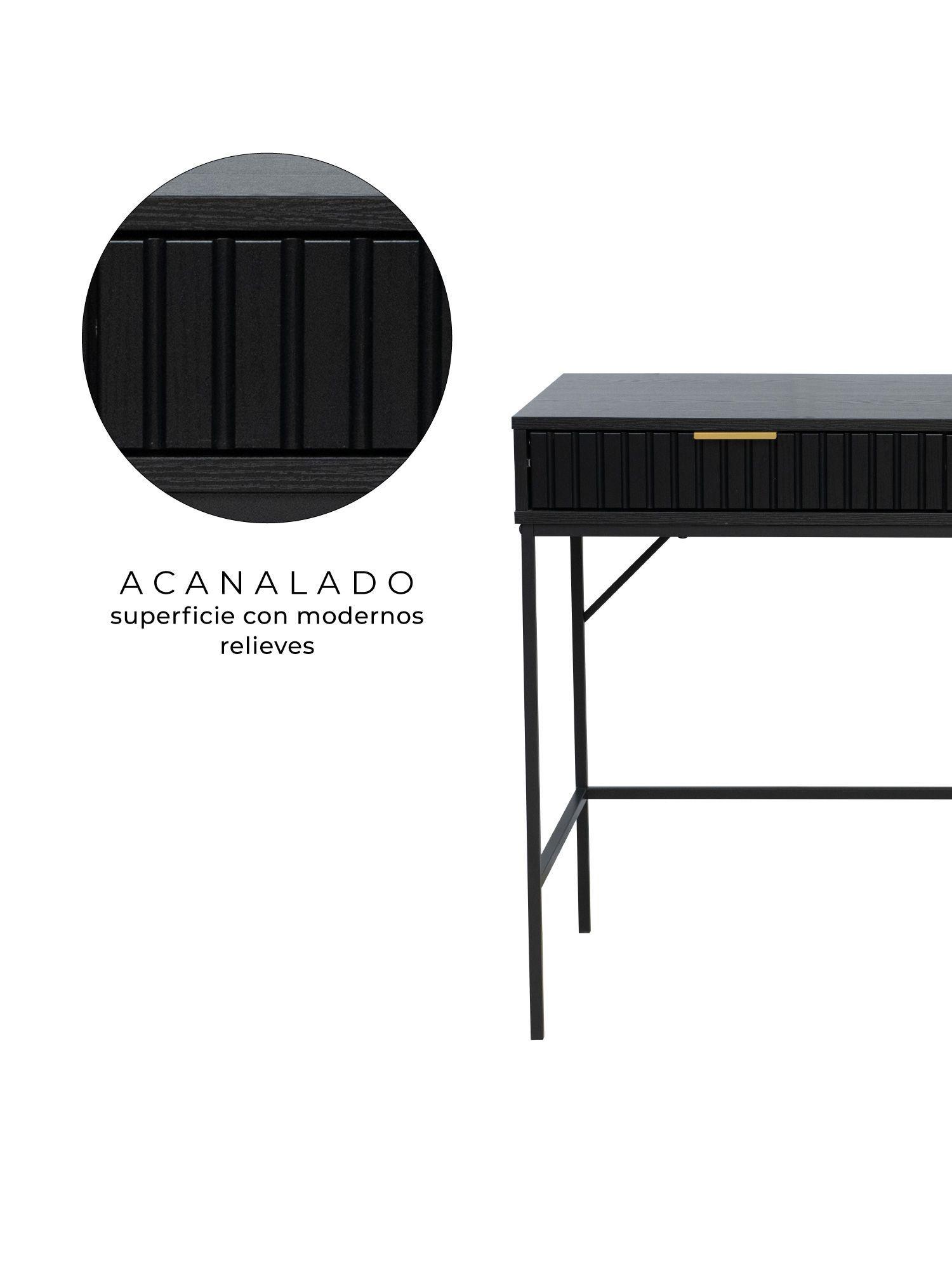 Escritorio Dumbo Relan Estilo Madera Roble Negra Diseño Acanalado Con 2 Cajones-3