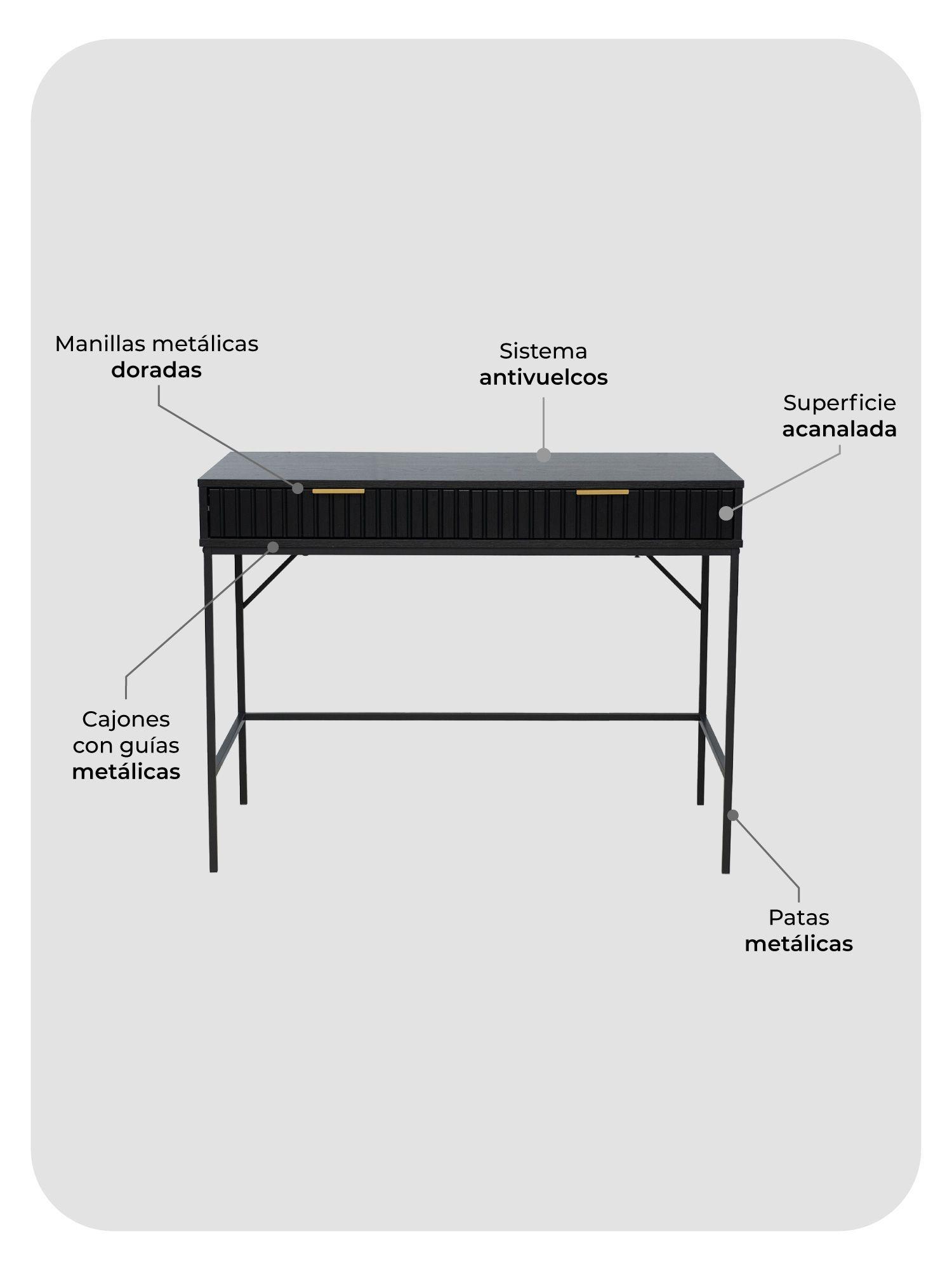 Escritorio Dumbo Relan Estilo Madera Roble Negra Diseño Acanalado Con 2 Cajones-5