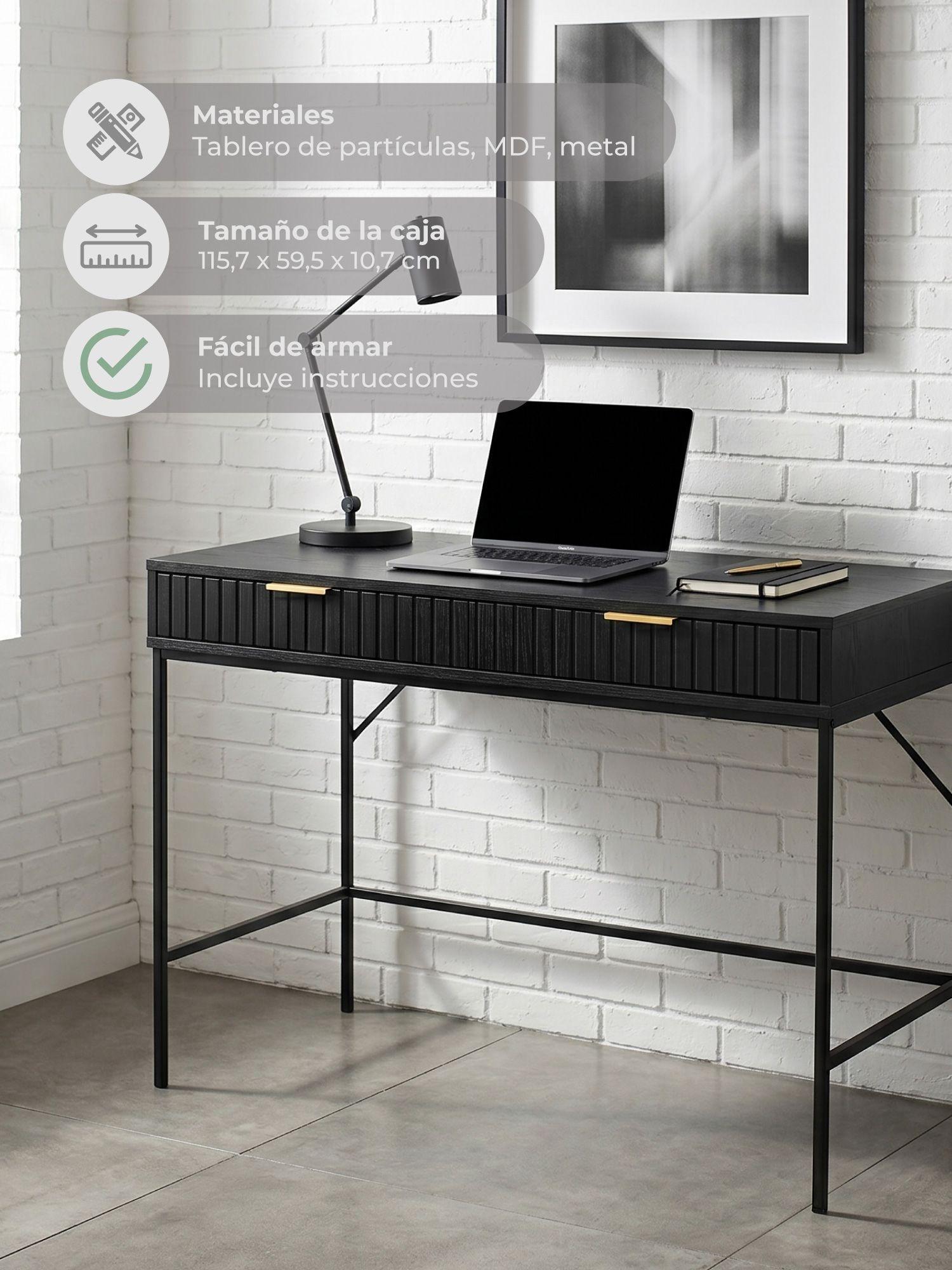 Escritorio Dumbo Relan Estilo Madera Roble Negra Diseño Acanalado Con 2 Cajones-7