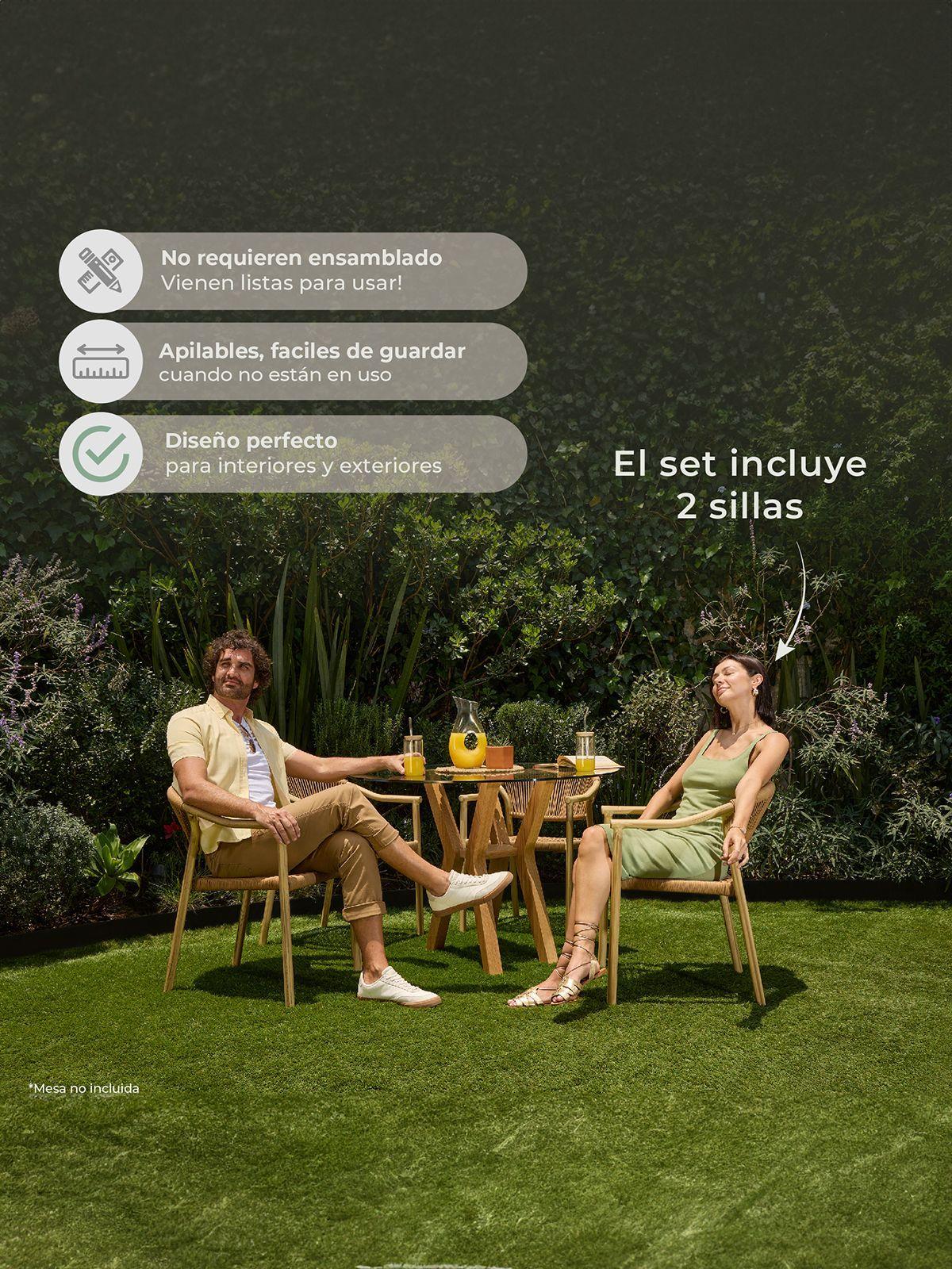 Set de 2 Silla Exterior Relan Makassar Cuerda de Ratán Sintético Jardín y Terraza-3