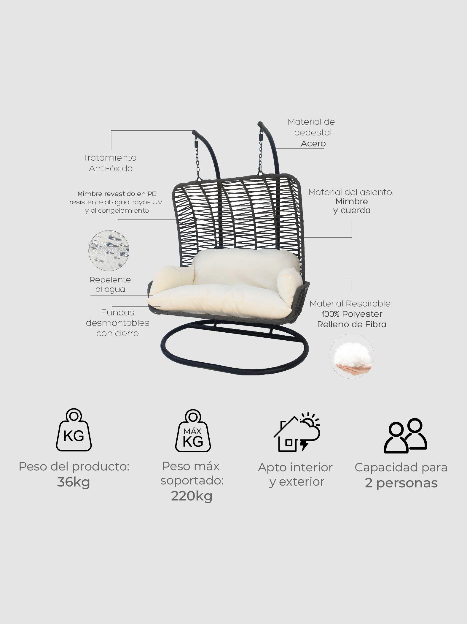 Silla Colgante Doble para Terraza con Base y Cojines-5