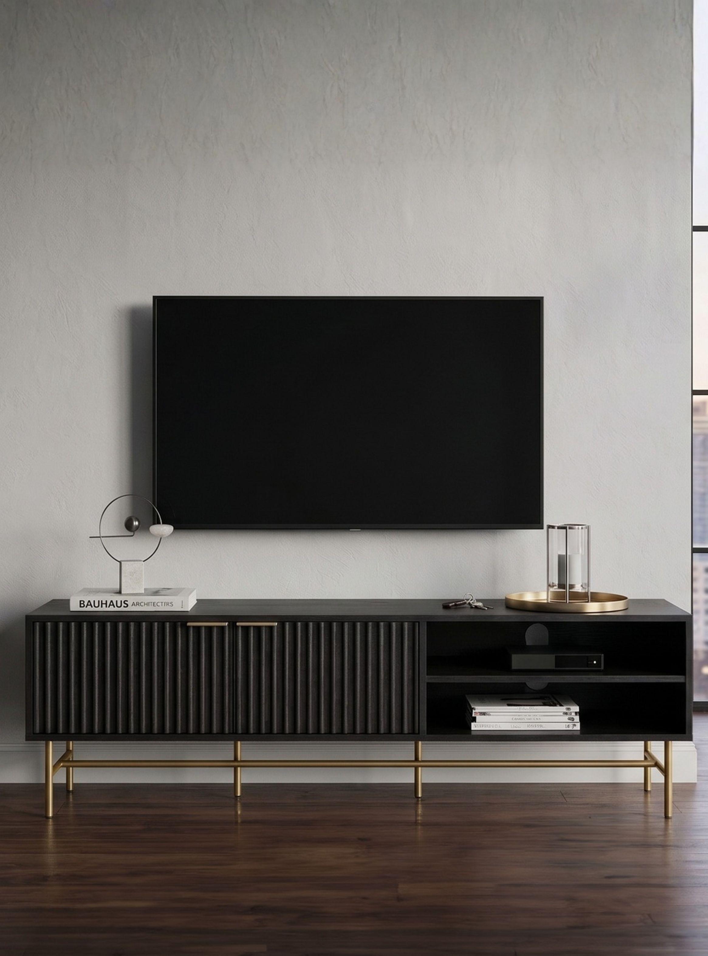Rack TV  Queens Relan Estilo Madera Roble Negra Diseño Acanalado Con Puertas y Estantes 180 Cm-1