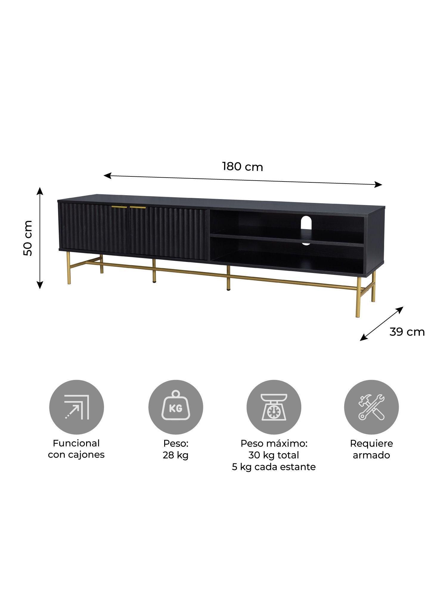 Rack TV  Queens Relan Estilo Madera Roble Negra Diseño Acanalado Con Puertas y Estantes 180 Cm-2