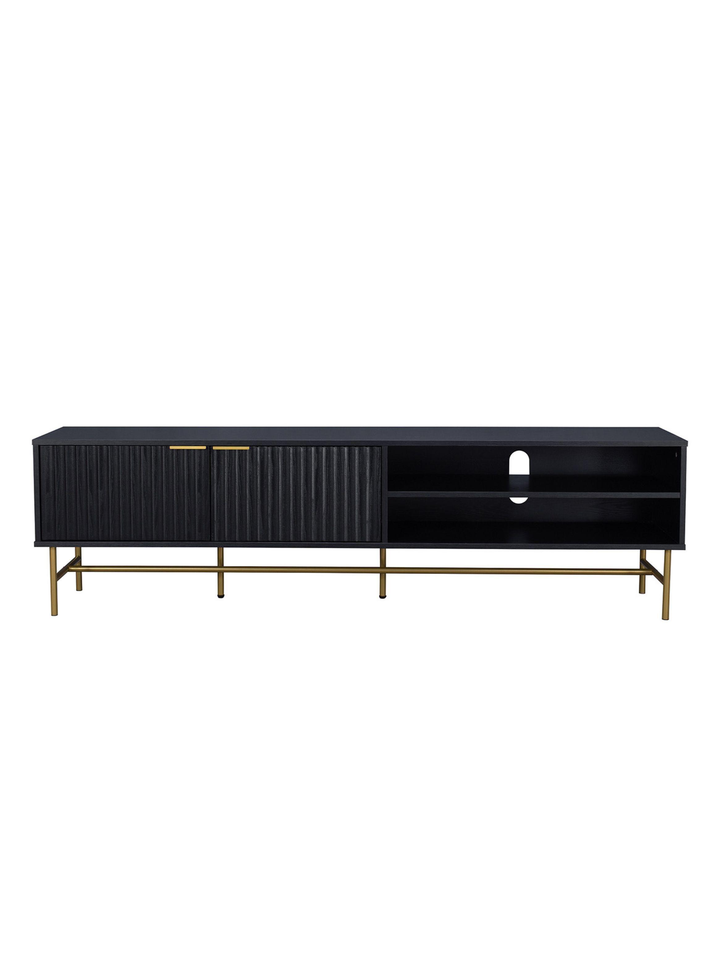 Rack TV  Queens Relan Estilo Madera Roble Negra Diseño Acanalado Con Puertas y Estantes 180 Cm-4